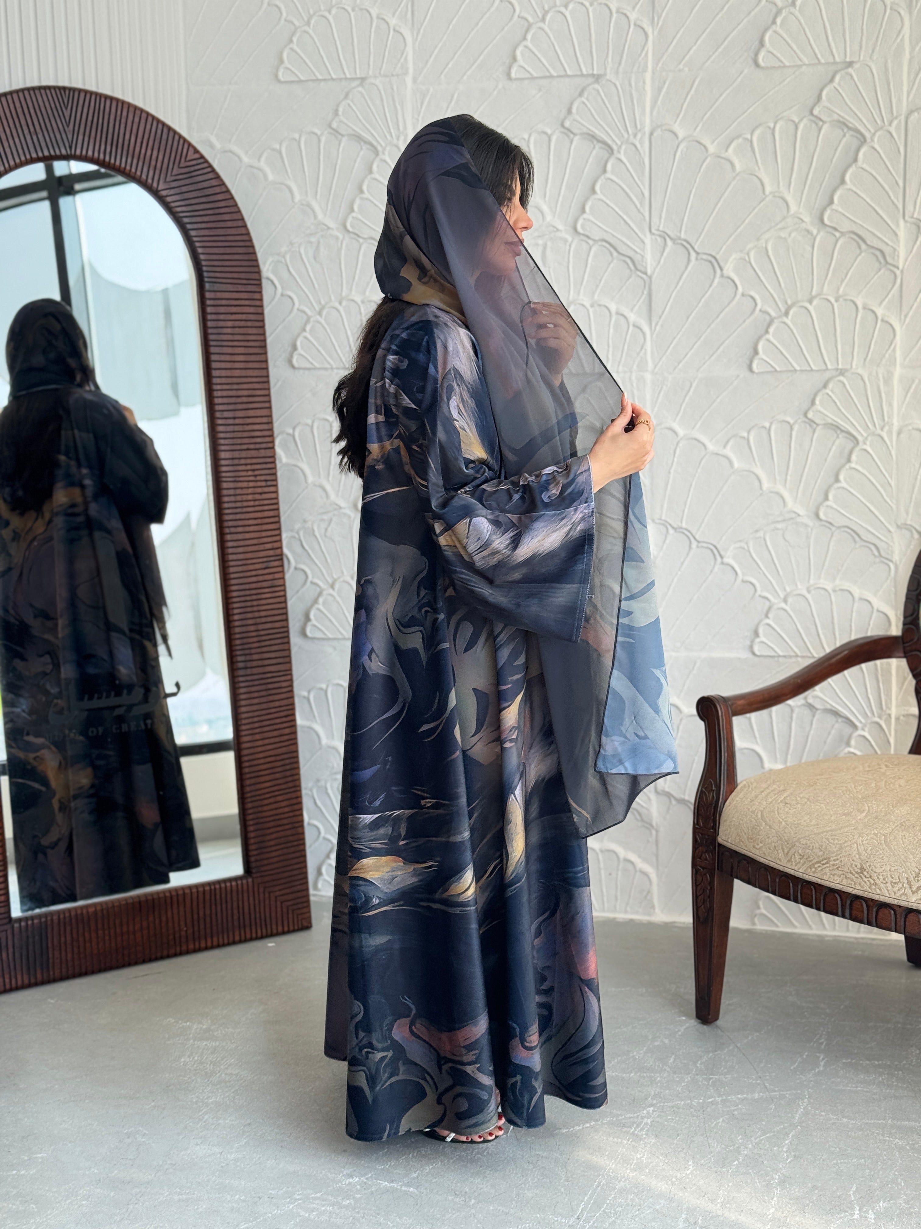 FAB241-Light Black Patterned Printed Velvet A-Cut Abaya Set