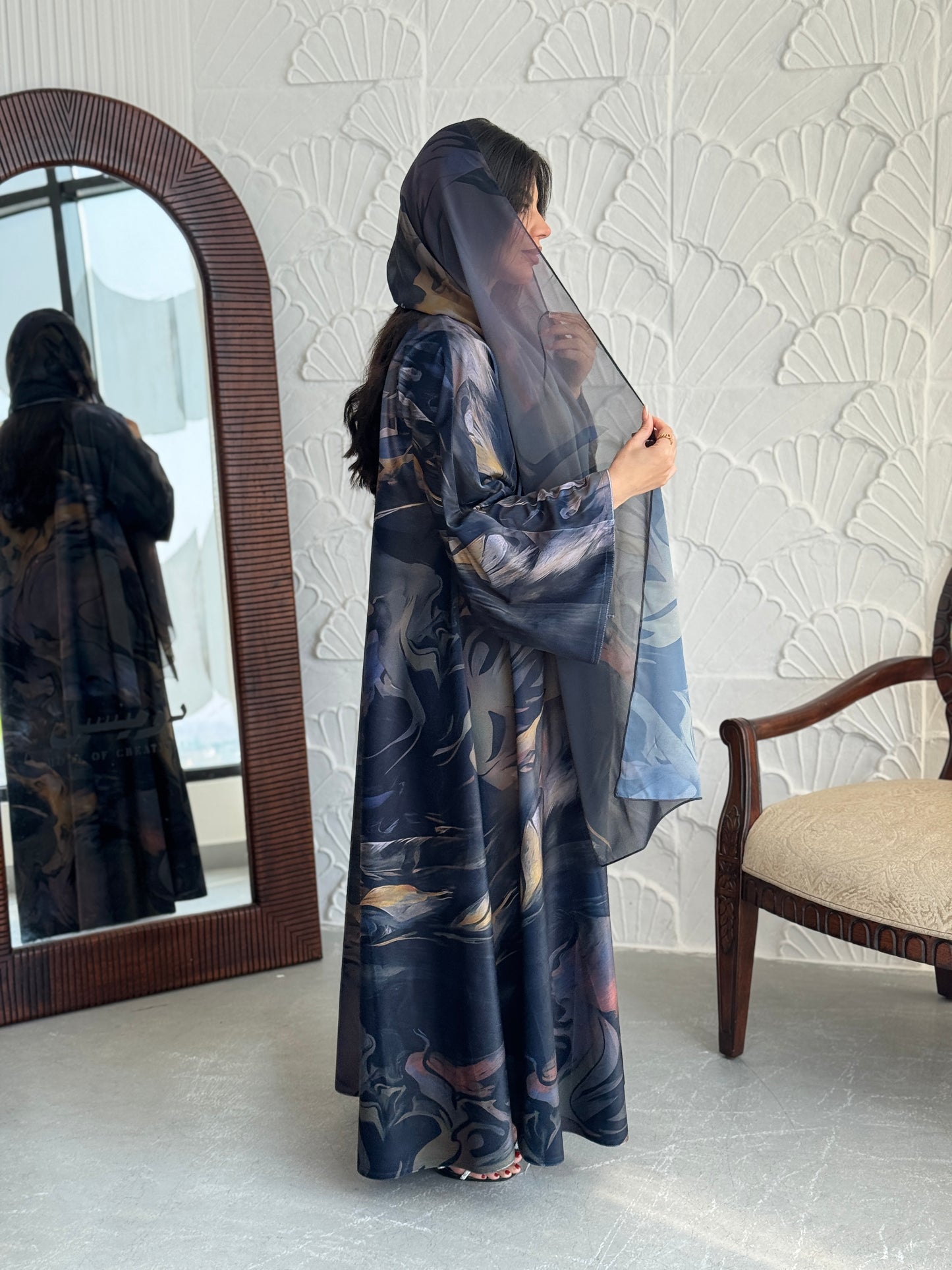 FAB241-Light Black Patterned Printed Velvet A-Cut Abaya Set