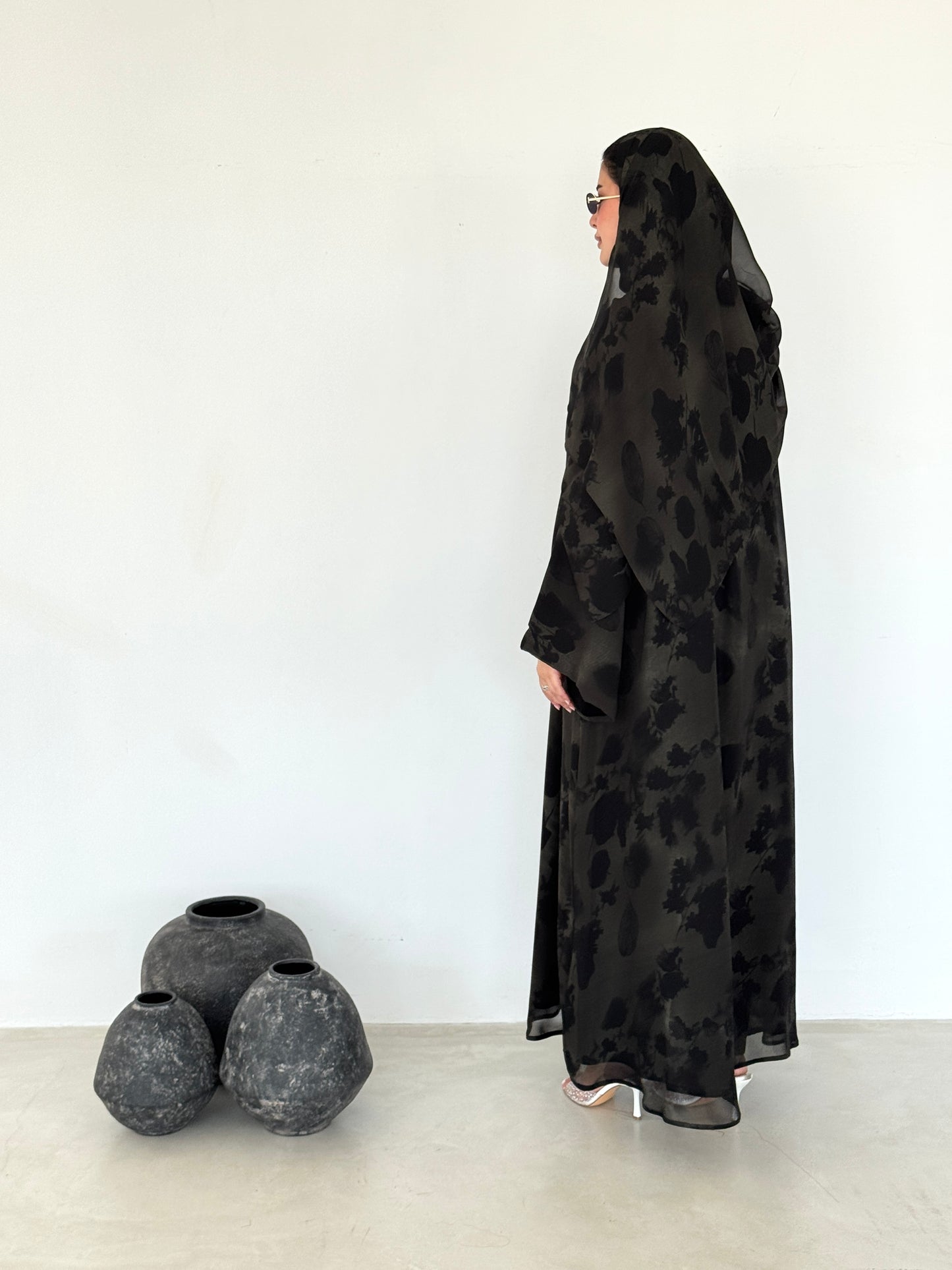 FAB215- Green Printed A-Cut Shiffon Abaya Set