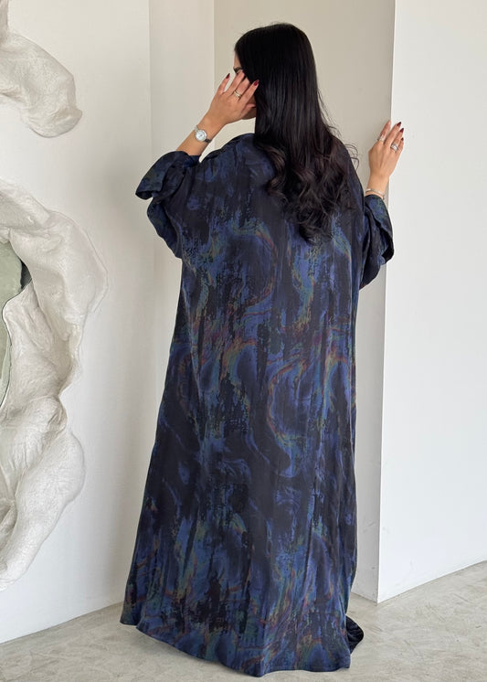 FAB156- Blue Swirl Marble Jacquard Abaya