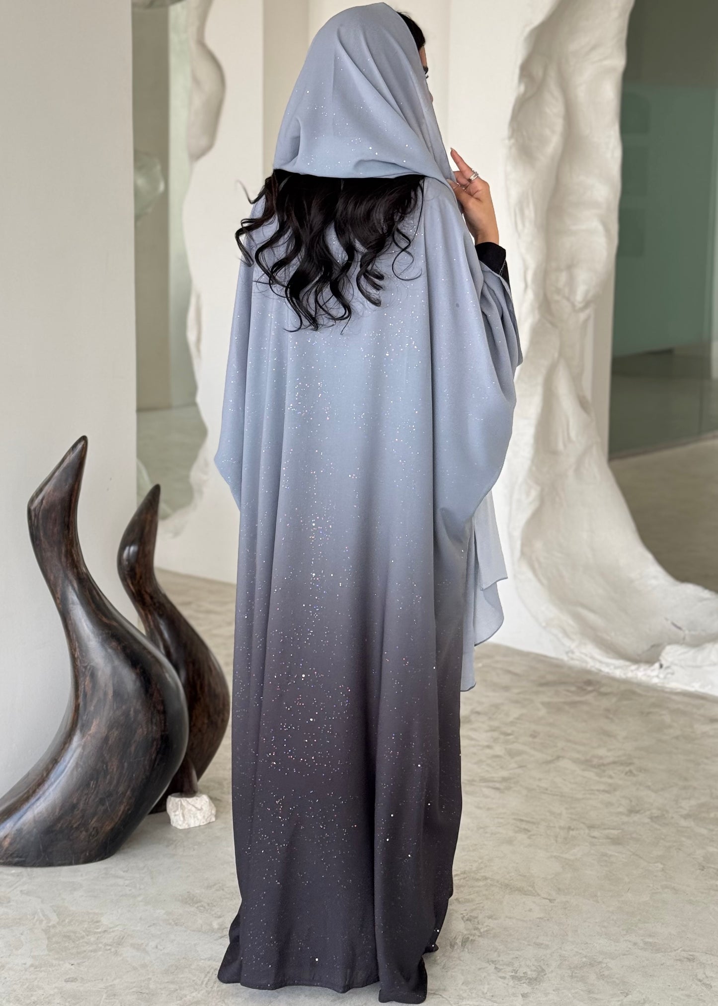FAB163- Grey Ombre Glitter Abaya with matching headscarf
