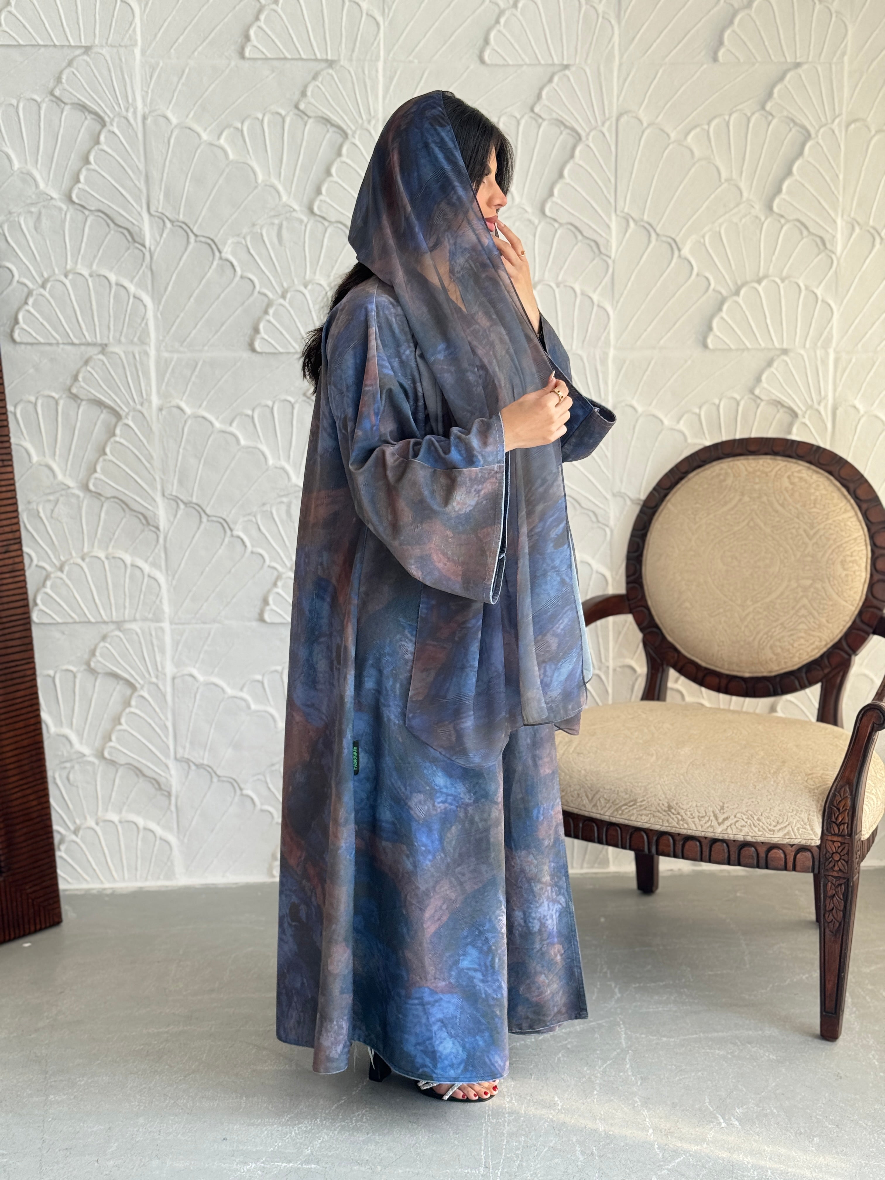 FAB240-Grey Patterned Printed Velvet A-Cut Abaya Set