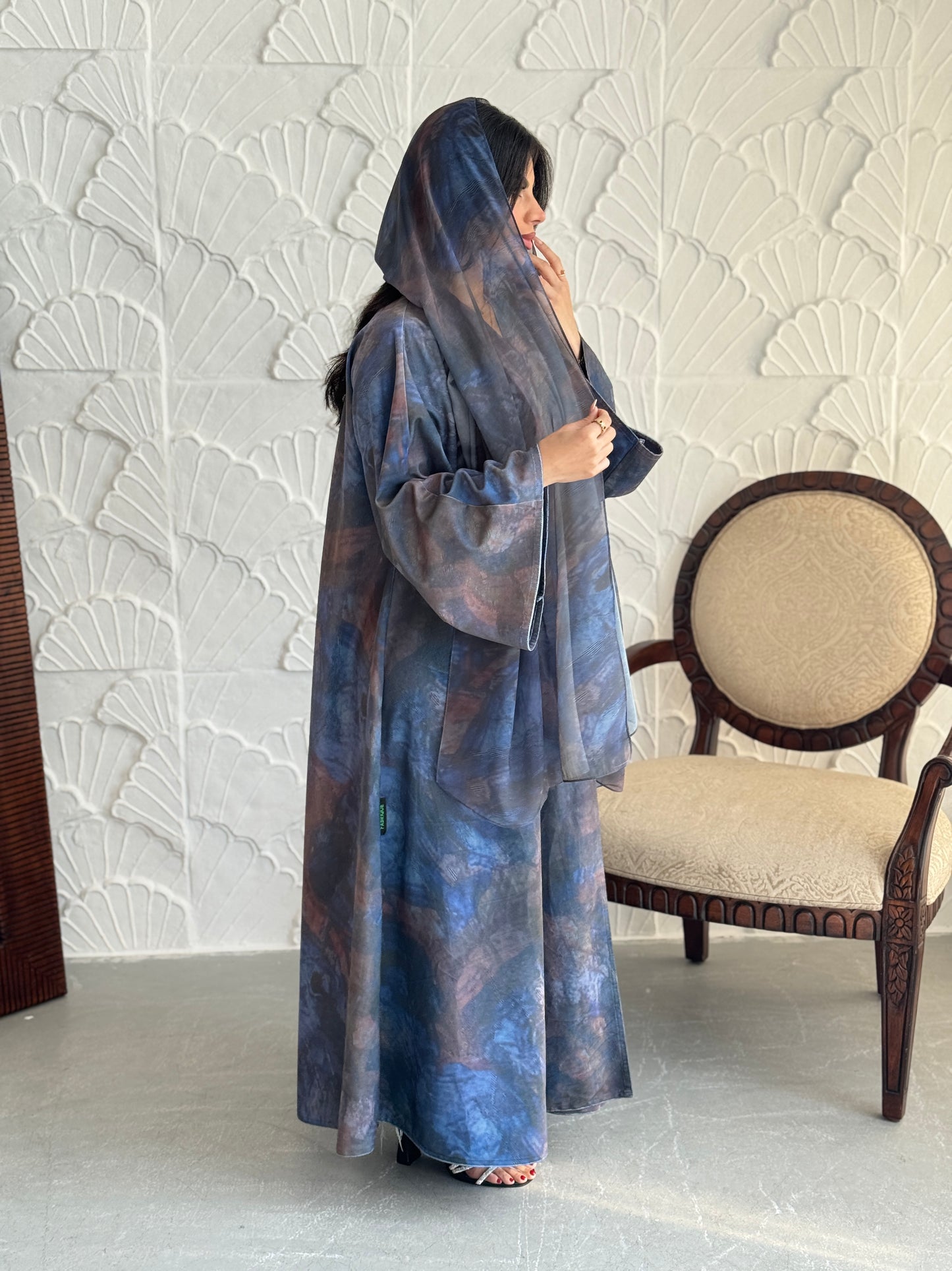 FAB240-Grey Patterned Printed Velvet A-Cut Abaya Set