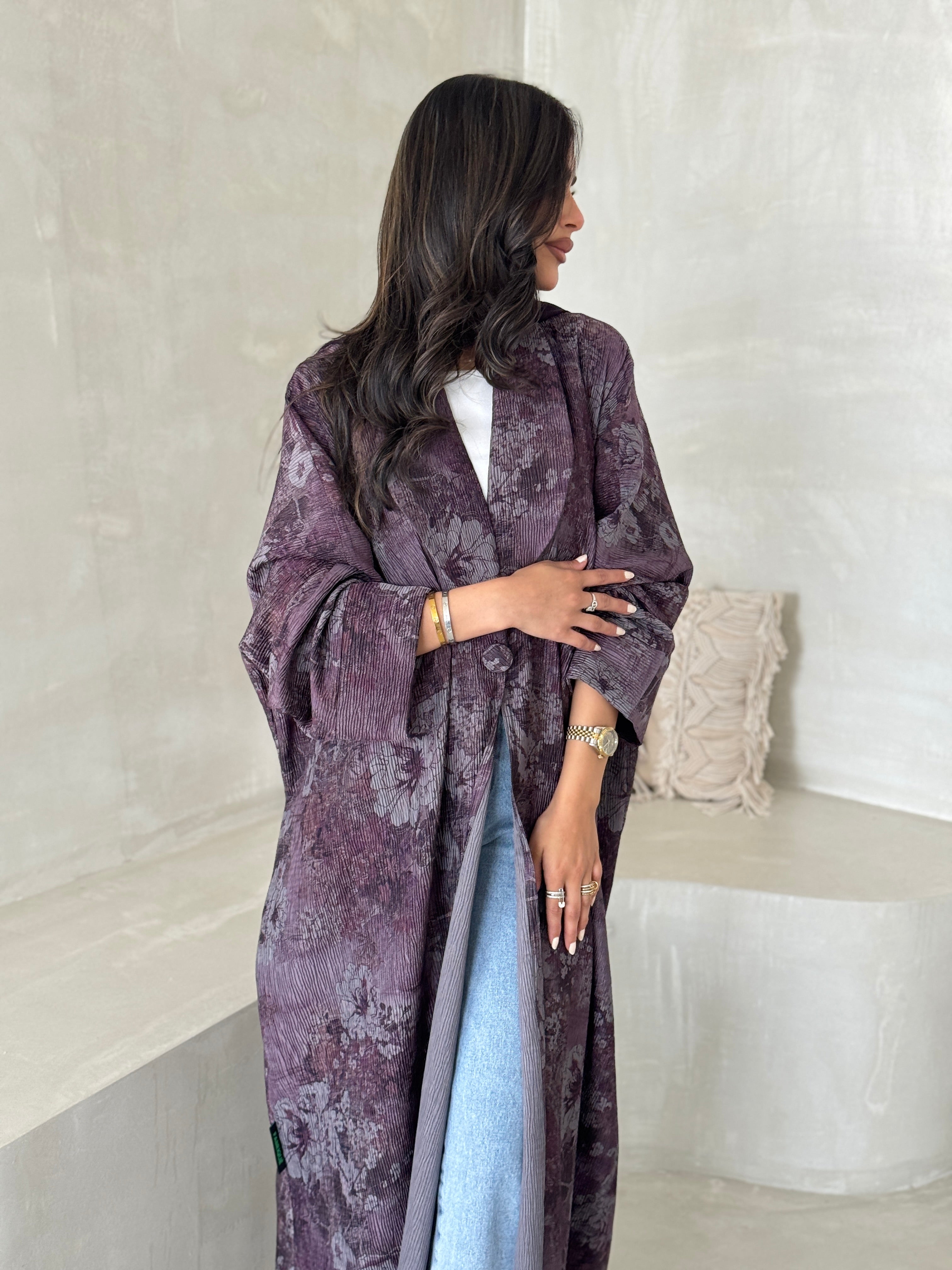 FAB200-Purple Pleats Half-Bisht Summer Abaya with matching headscarf