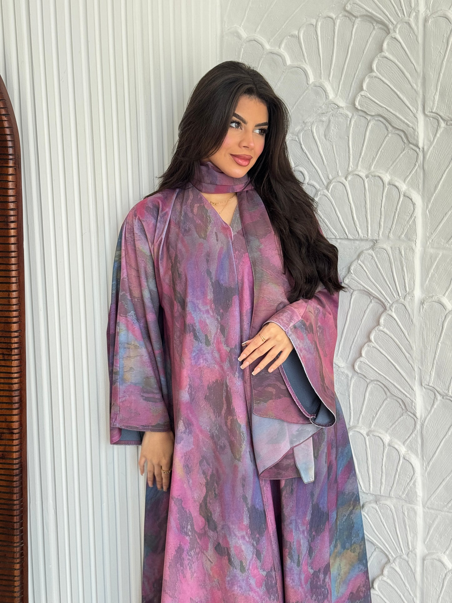 FAB242-Pink Patterned Printed Velvet A-Cut Abaya Set