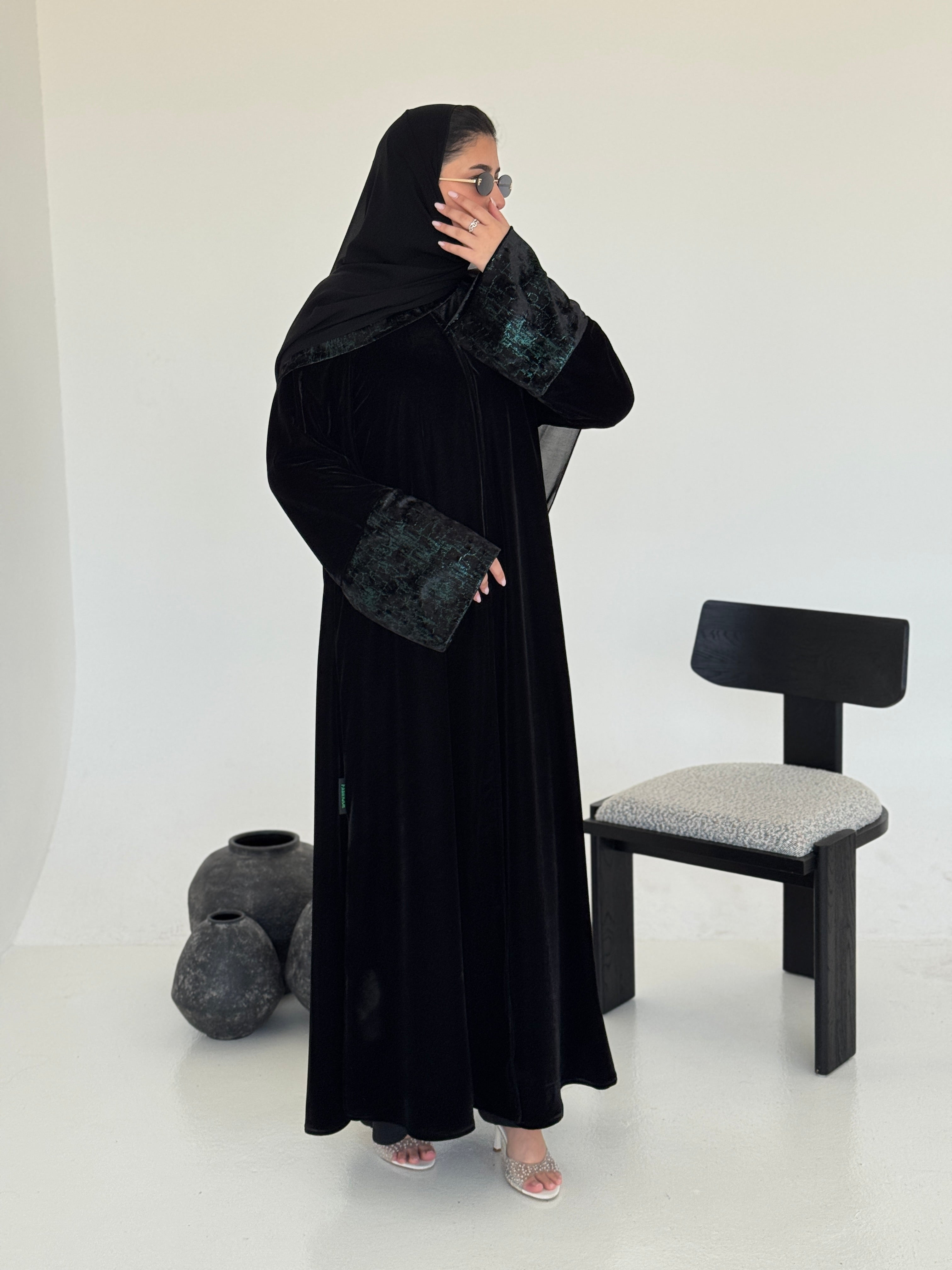FAB246-Green Metallic Black Velvet Abaya with Metallic pipping headscarf