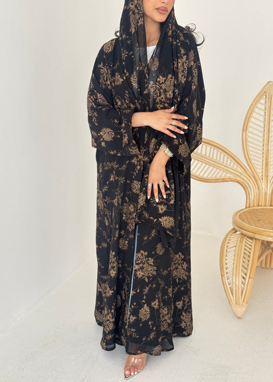 FAB204-Beige Black Chiffon Pattern Summer Abaya with headscarf