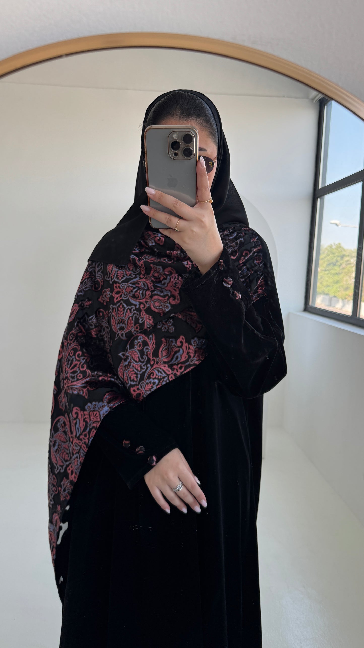 FAB229- Black Velvet Abaya with Maroon Velvet Chiffon Shawl with matching headscarf
