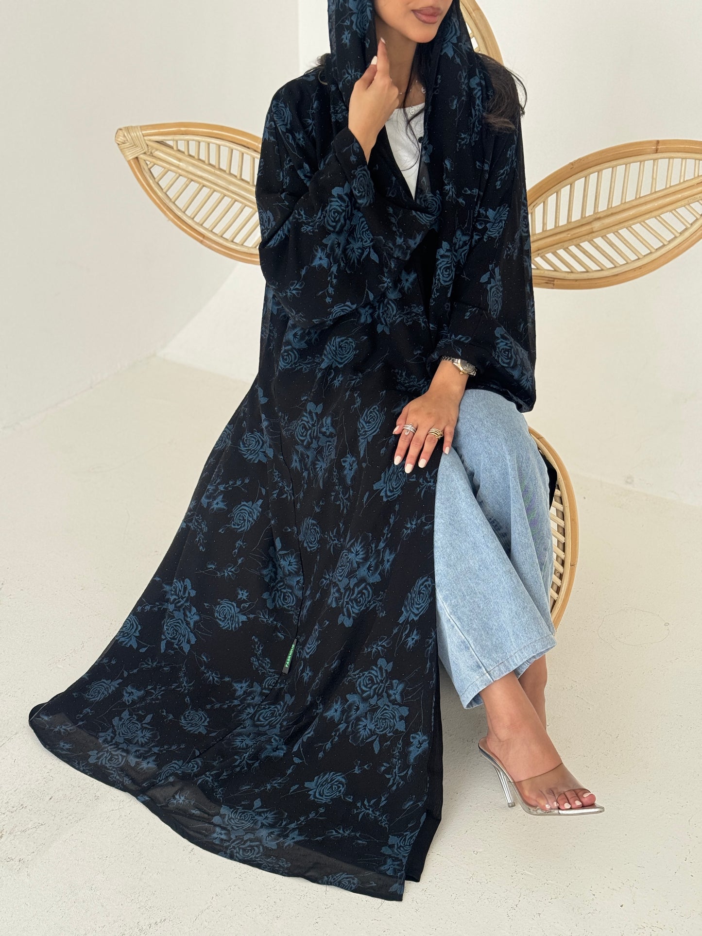 FAB205-Blue Black Chiffon Pattern Summer Abaya with headscarf