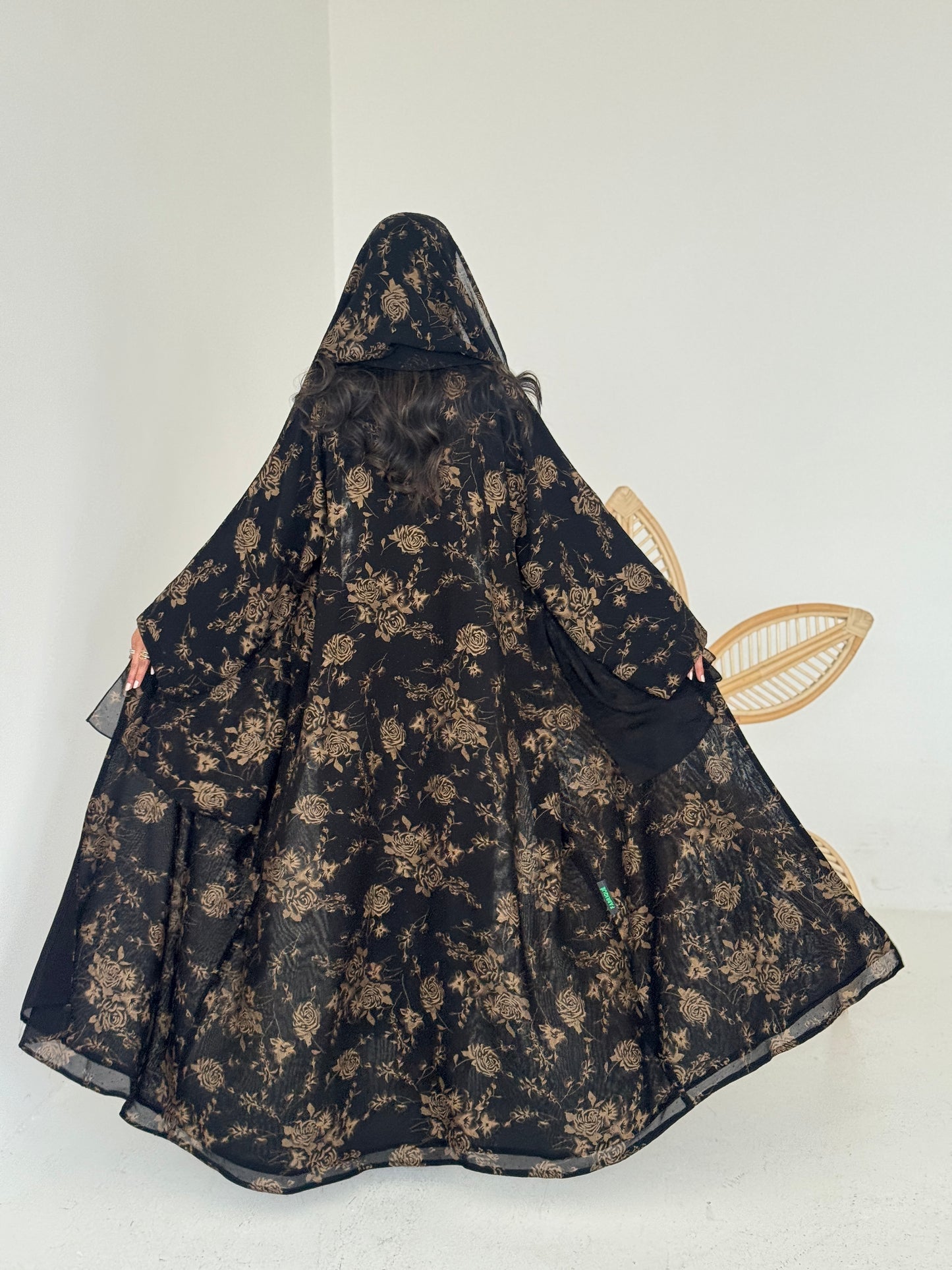 FAB204-Beige Black Chiffon Pattern Summer Abaya with headscarf