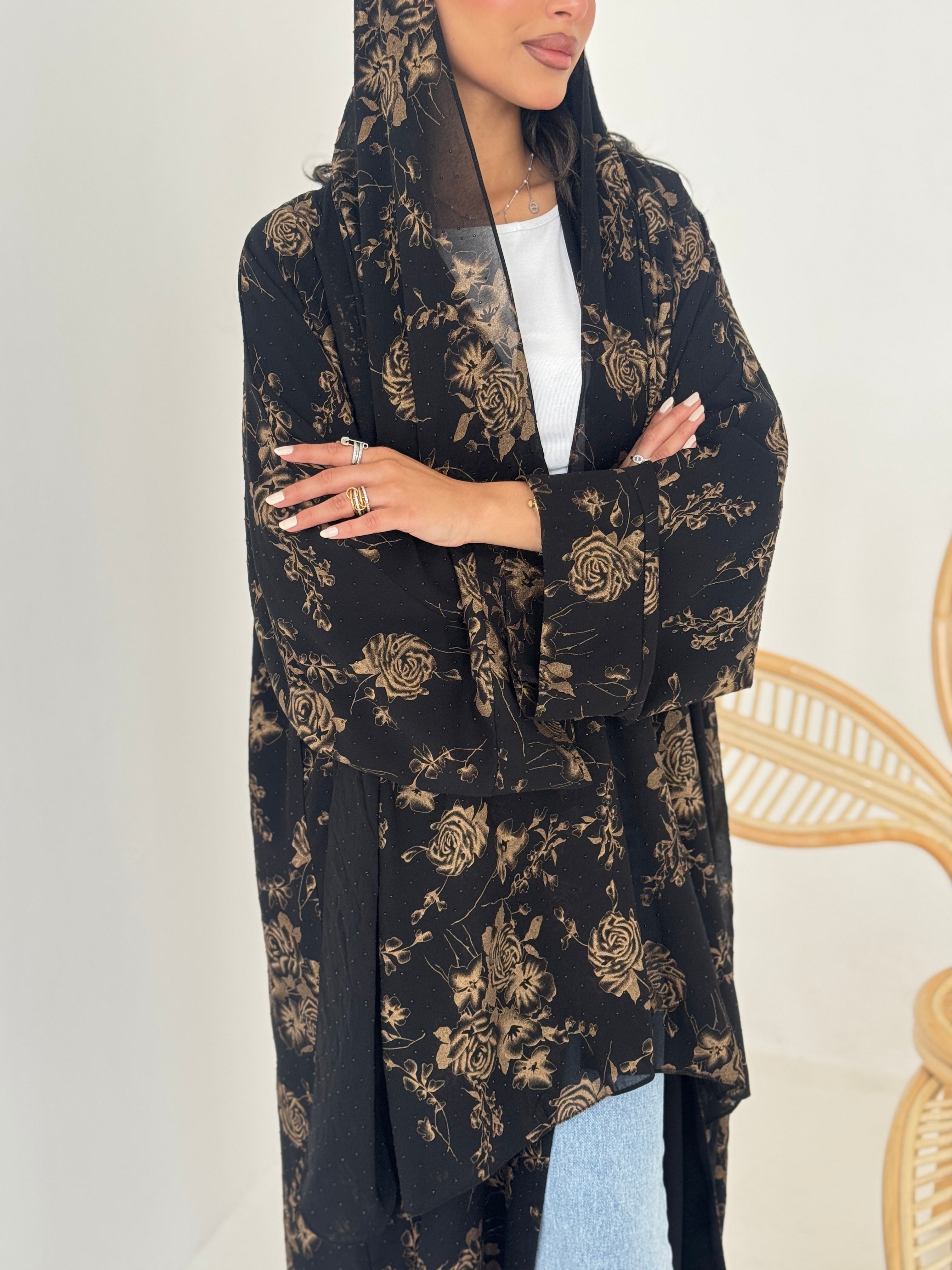FAB204-Beige Black Chiffon Pattern Summer Abaya with headscarf