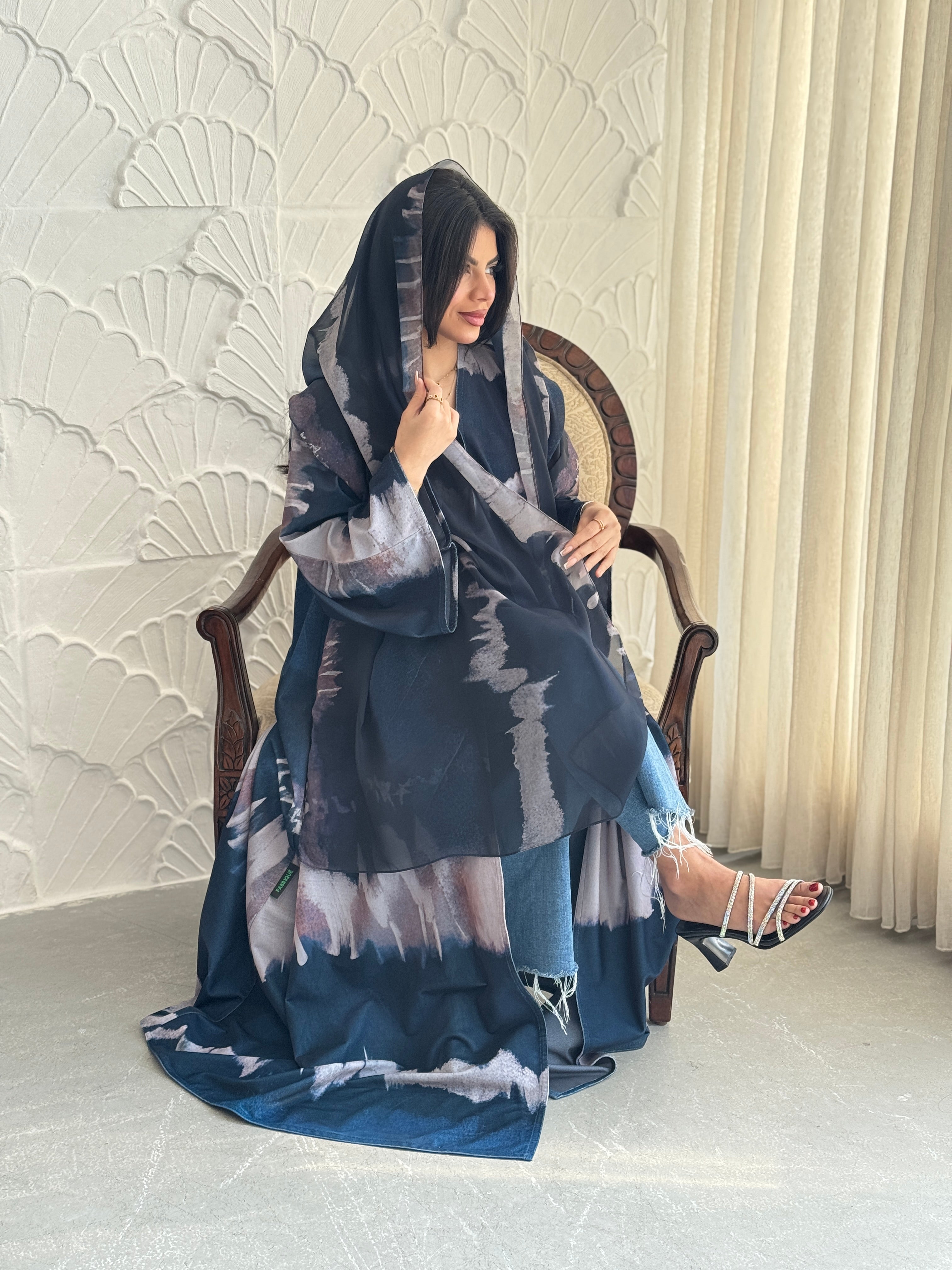FAB239- Blue Patterned Printed Velvet A-Cut Abaya Set