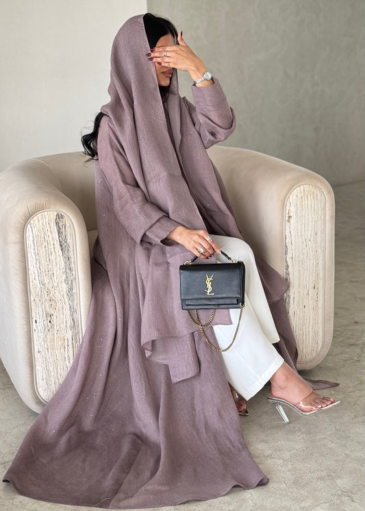 FAB167-Pink Glitter Linen A-Cut Abaya
