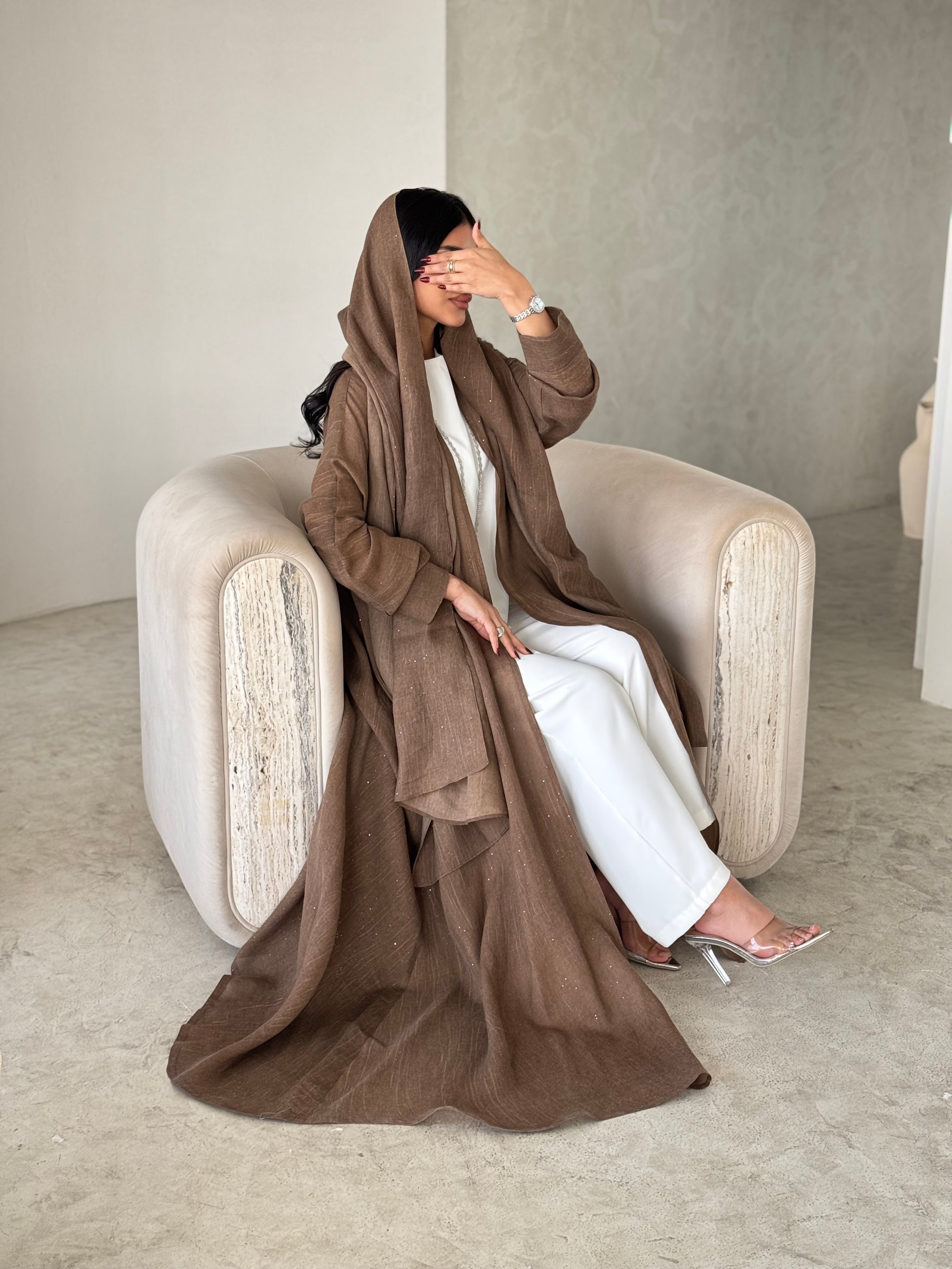 FAB170- Camel Linen Glitter A-Cut Abaya