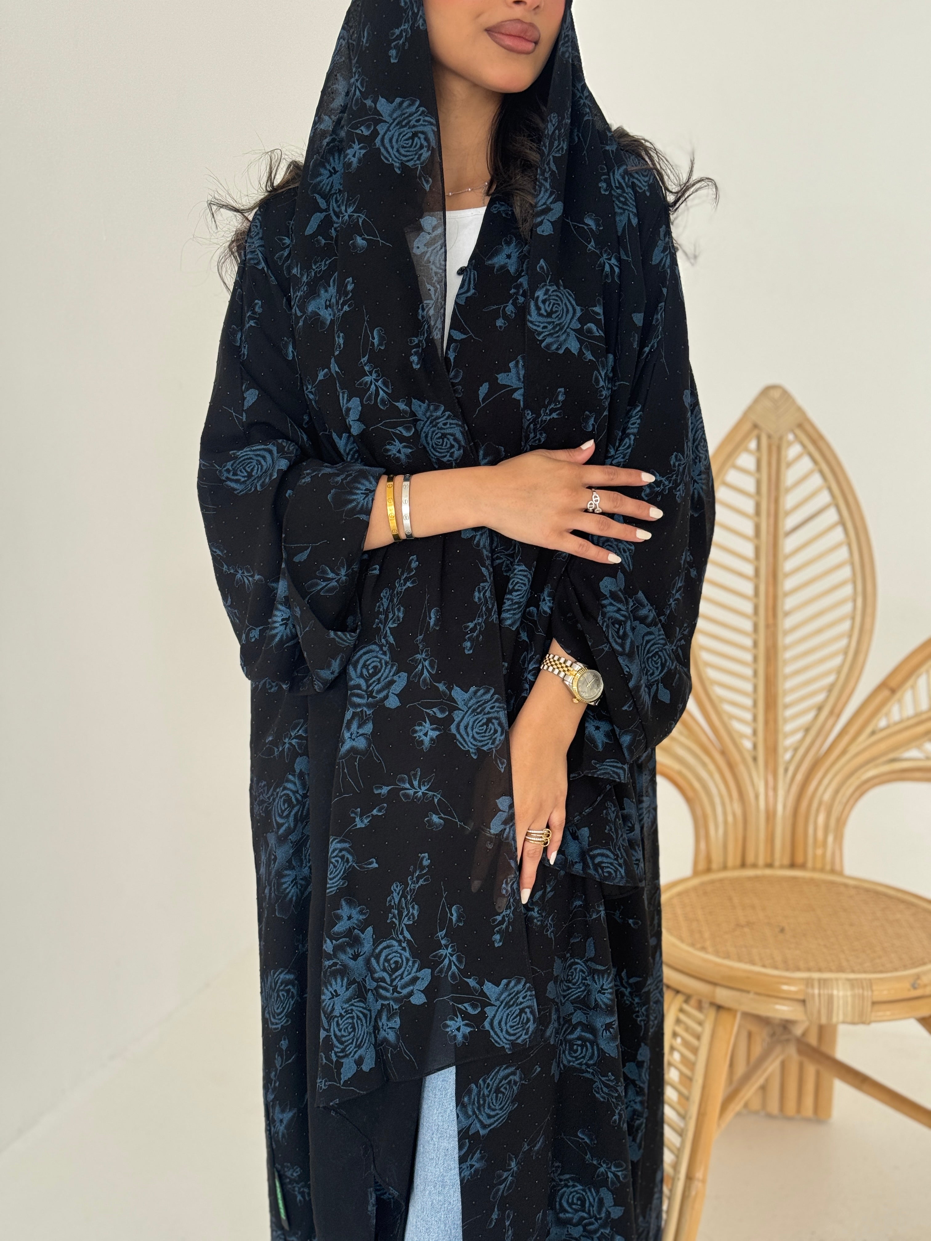 FAB205-Blue Black Chiffon Pattern Summer Abaya with headscarf