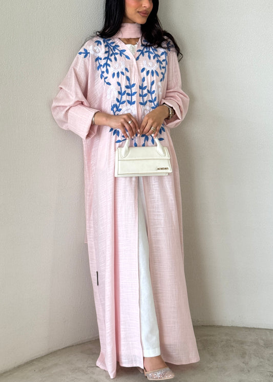 READY TO SHIP- FAB189- Pink Summer Linen - Half-bisht cut Abaya
