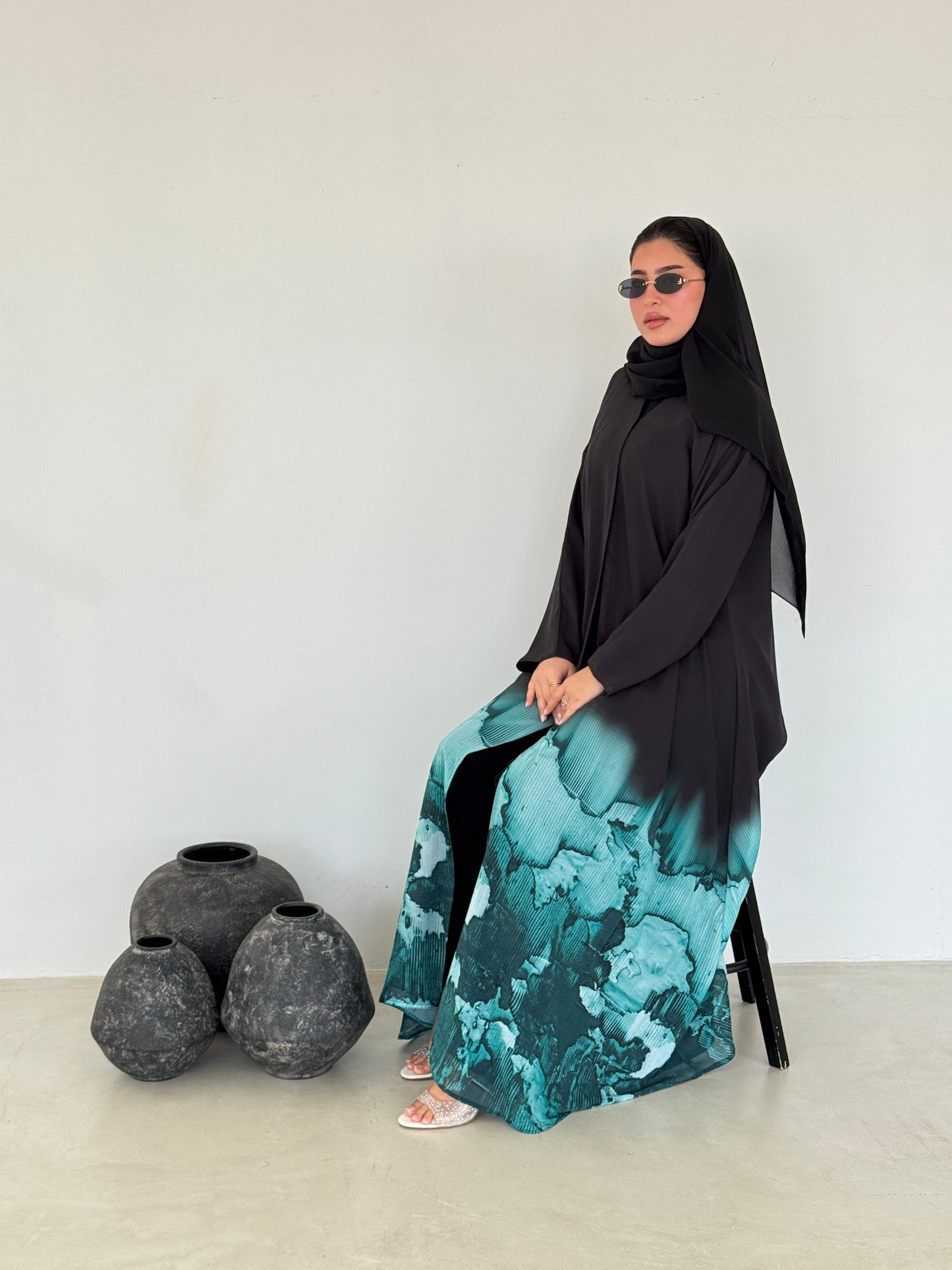 FAB210- Turquoise Ombre Waves print Shiffon A-cut Abaya with headscarf