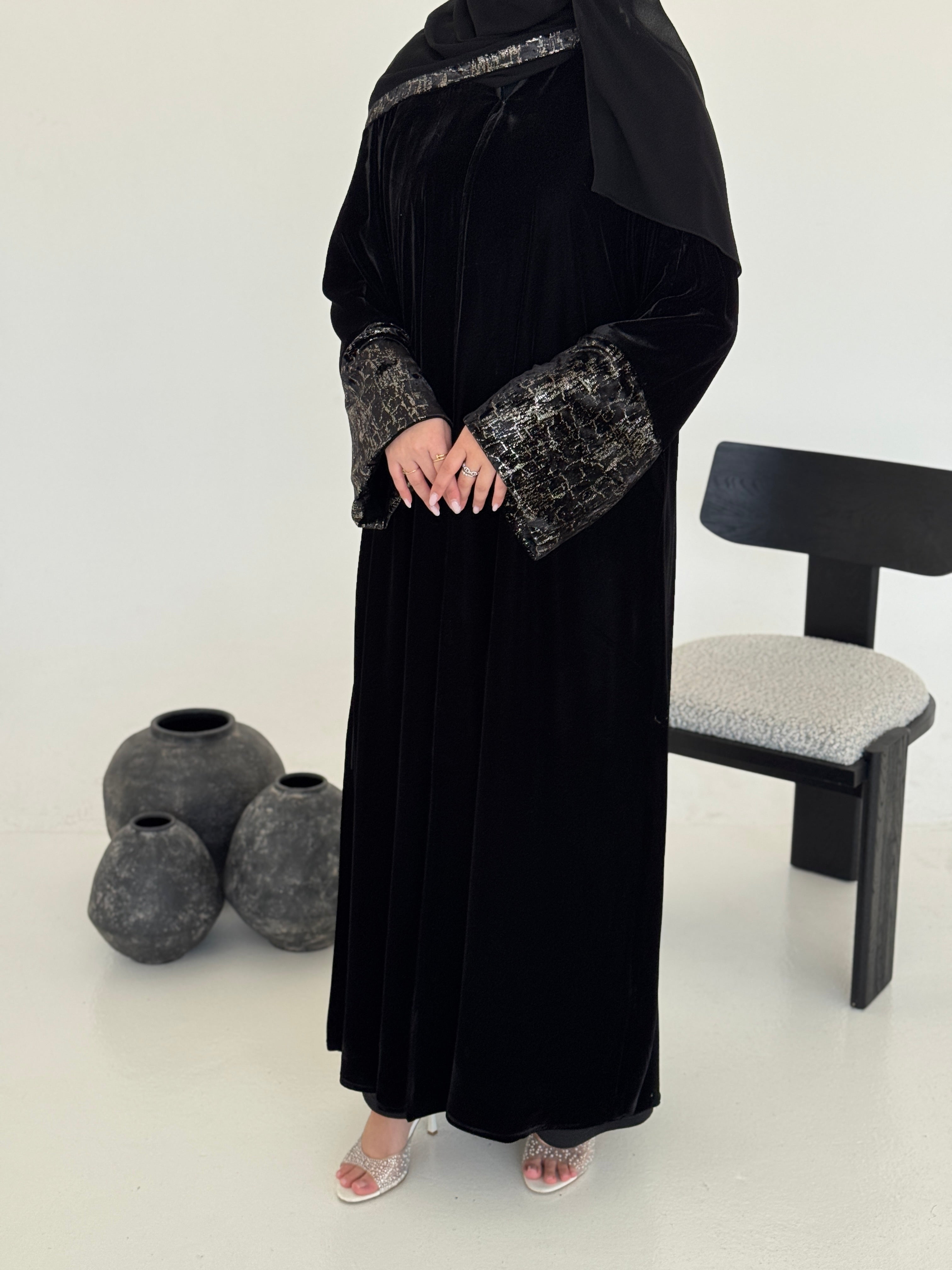 FAB244-Silver Metallic Black Velvet Abaya with Metallic pipping headscarf