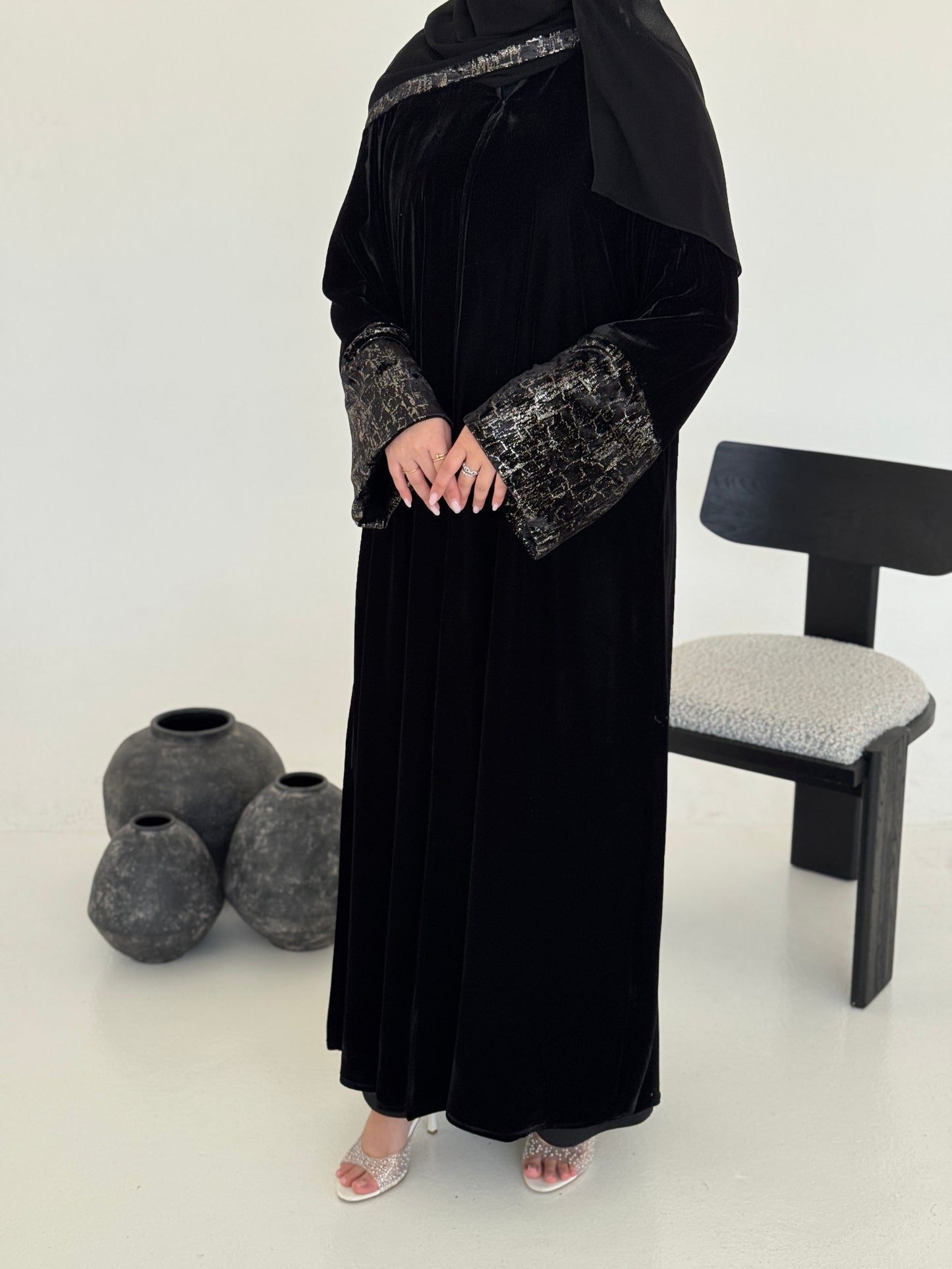 FAB244-Silver Metallic Black Velvet Abaya with Metallic pipping headscarf