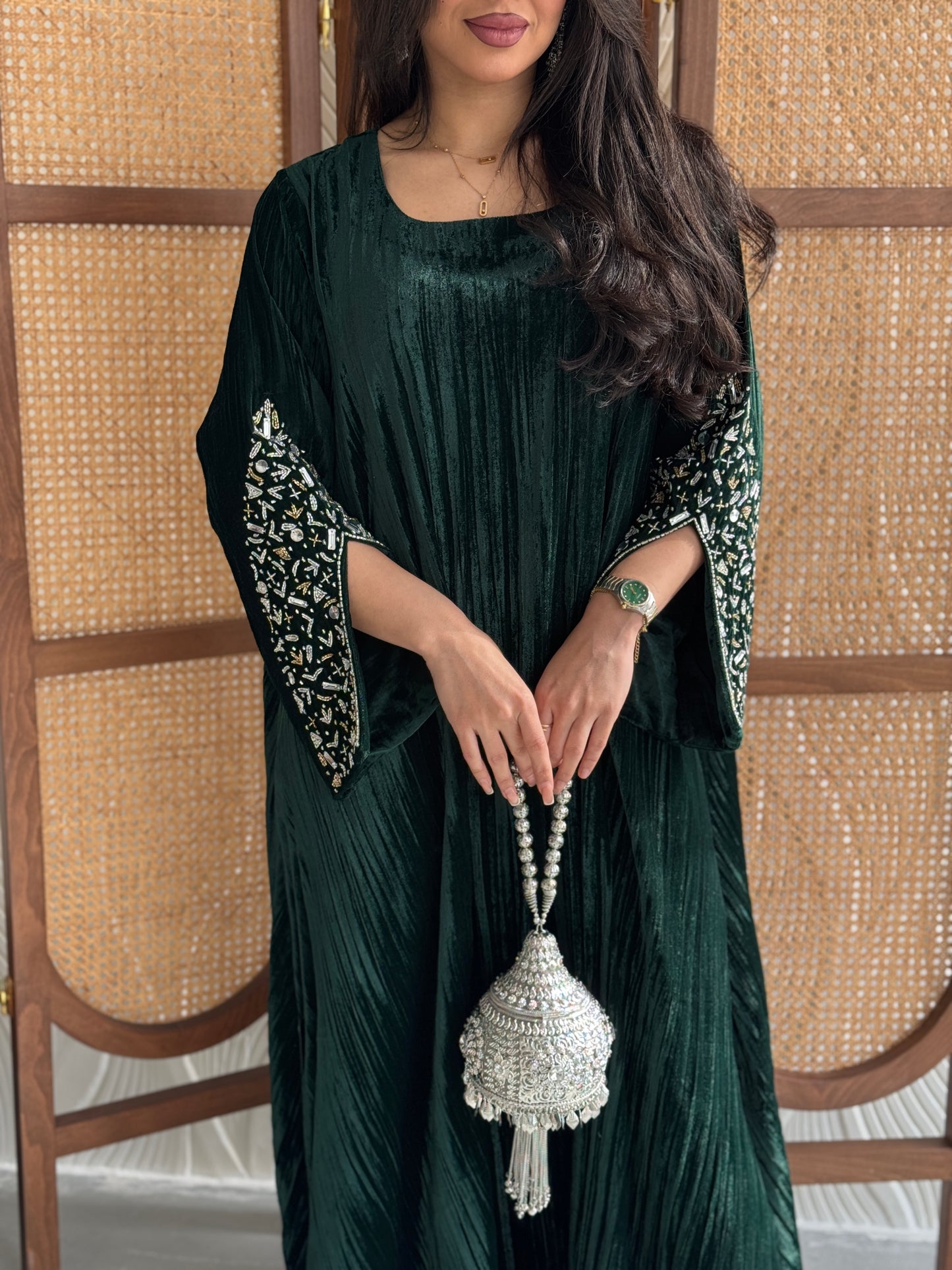 FAB251-Royal Green Velvet Crystals Embroidered A-Cut Jalabiya