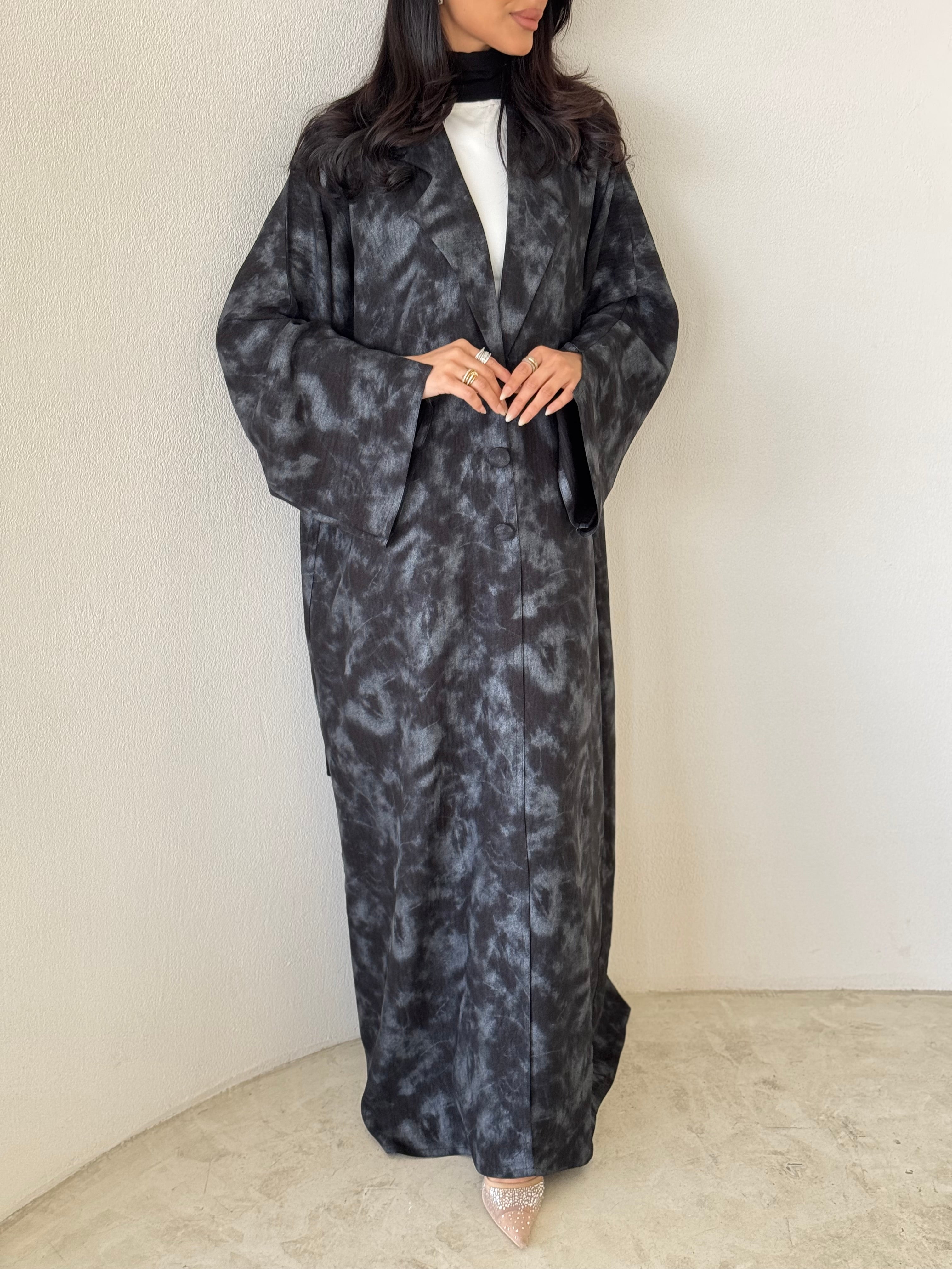 READY TO SHIP- FAB178- Black Silver Tie-dye Blazer Cut Abaya