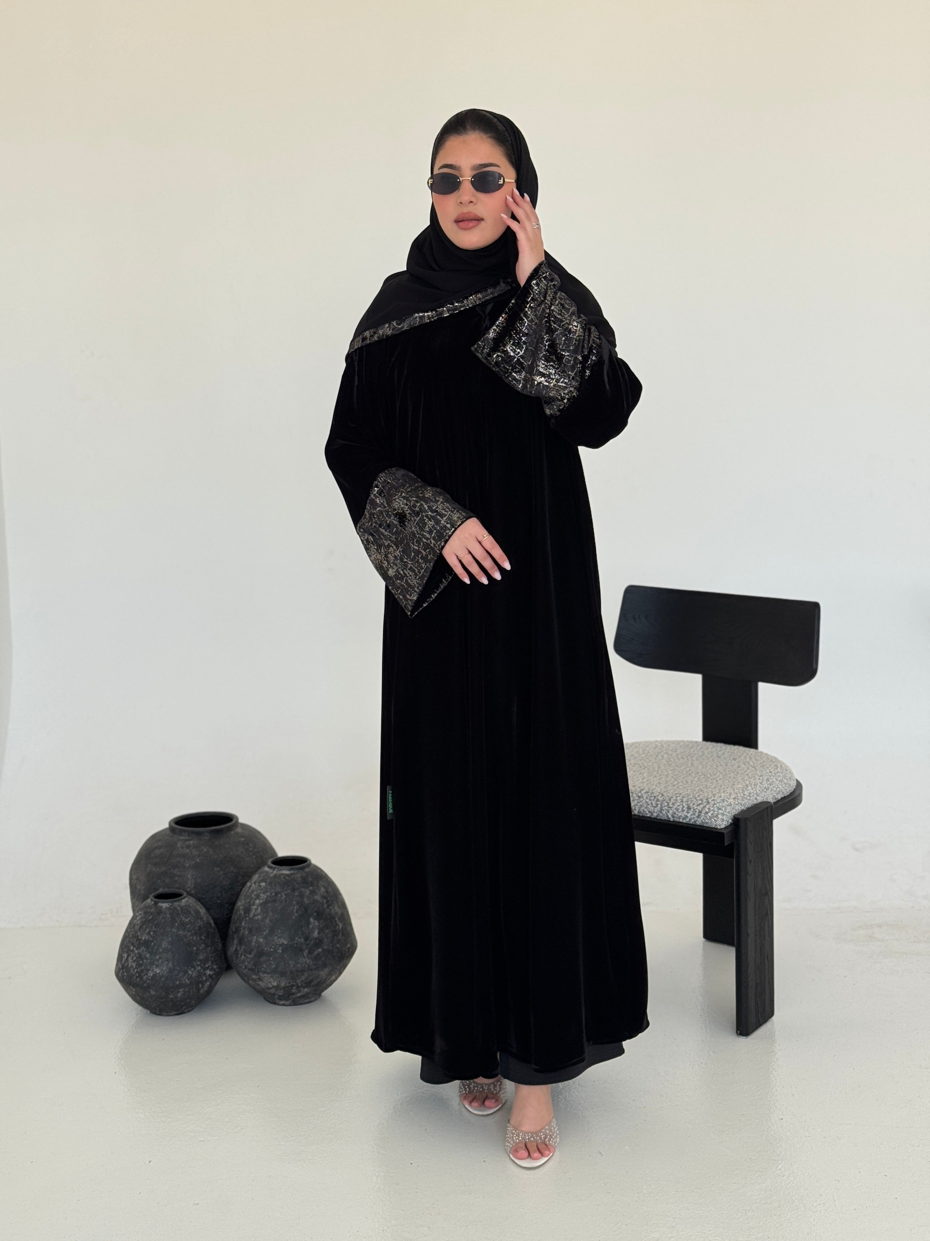 FAB244-Silver Metallic Black Velvet Abaya with Metallic pipping headscarf