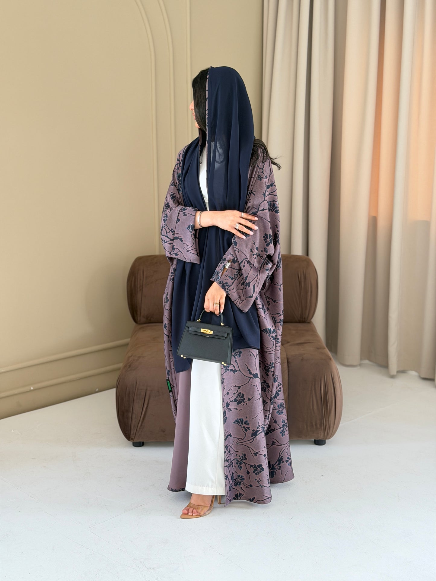 FAB284-Purple Floral Print Half Bisbt Abaya with pipping headscarf