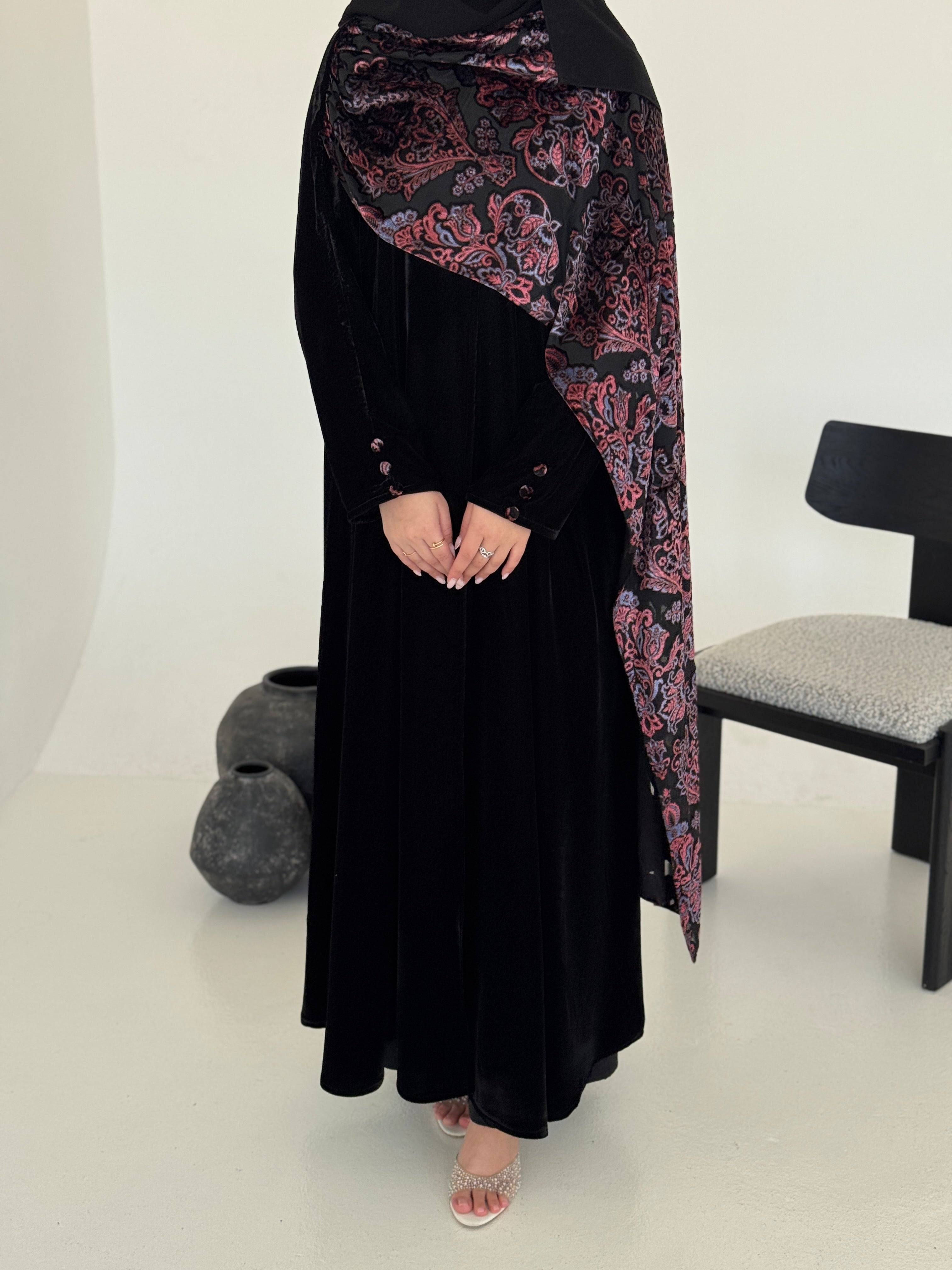 FAB229- Black Velvet Abaya with Maroon Velvet Chiffon Shawl with matching headscarf