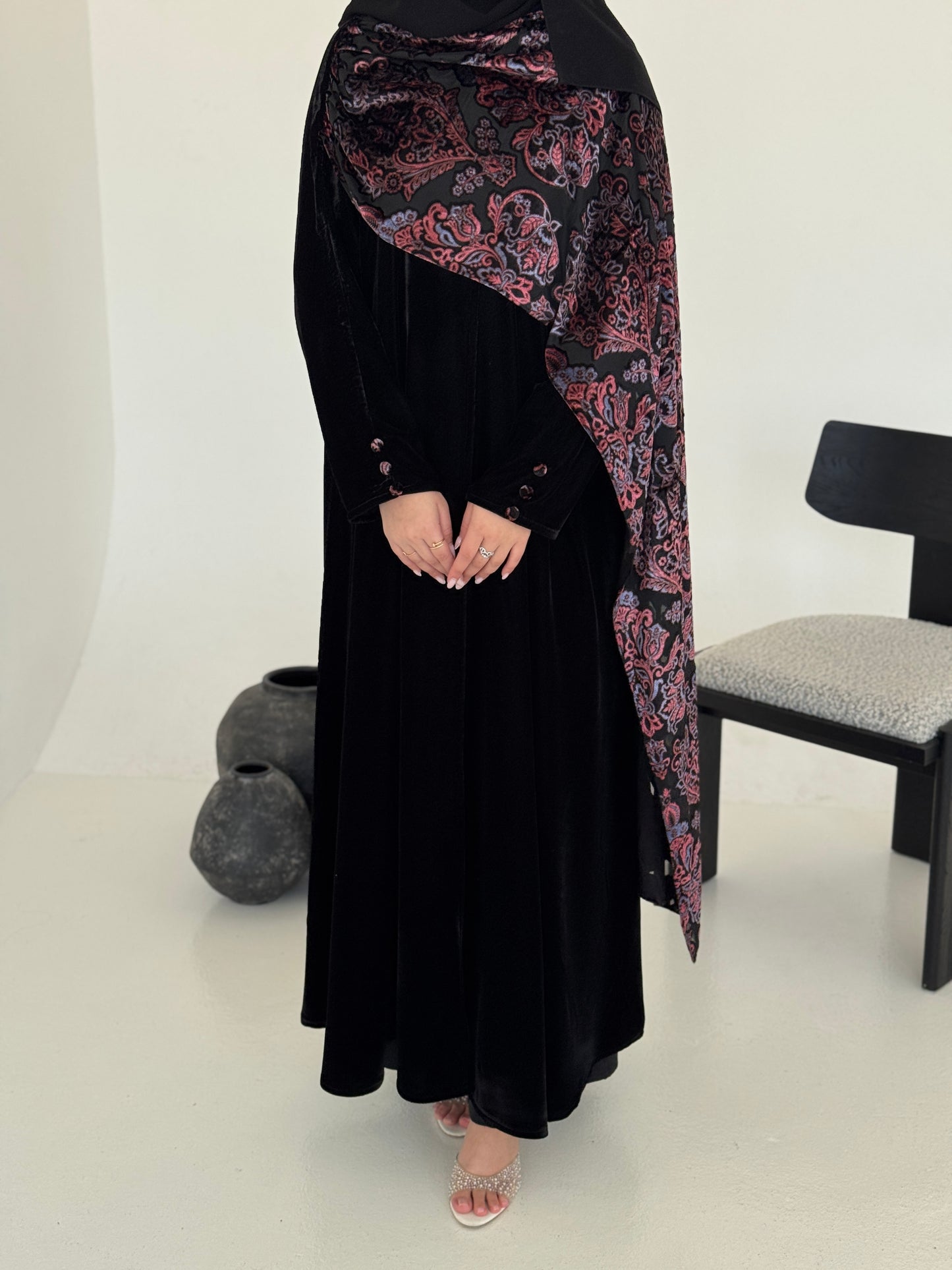 FAB229- Black Velvet Abaya with Maroon Velvet Chiffon Shawl with matching headscarf