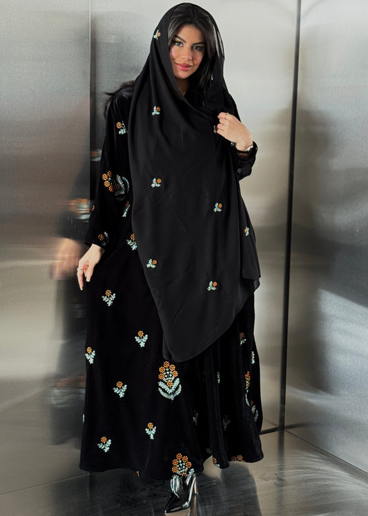 FAB247- Black Velvet with Orange Embroidery A-Cut Abaya Set