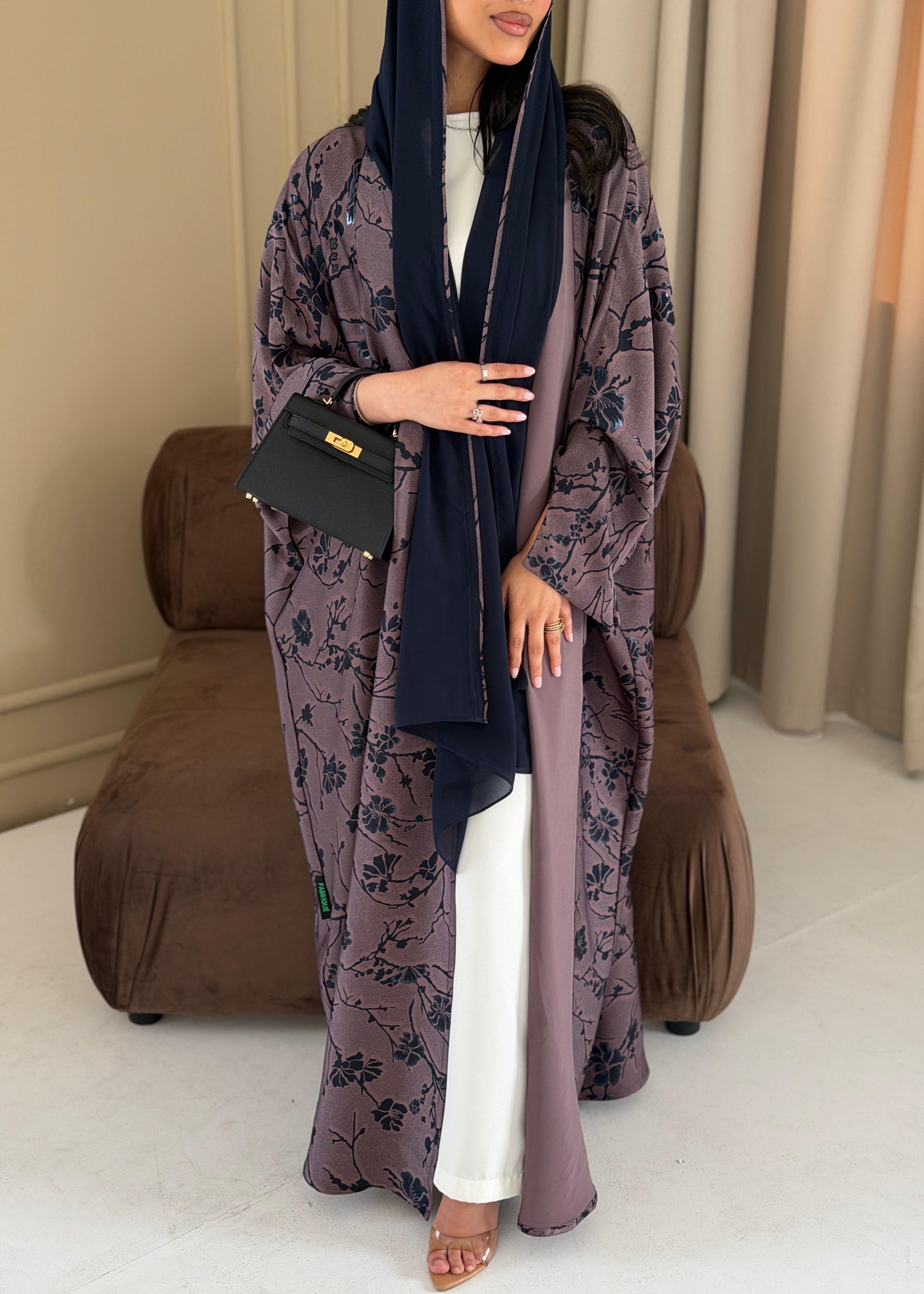 FAB284-Purple Floral Print Half Bisbt Abaya with pipping headscarf