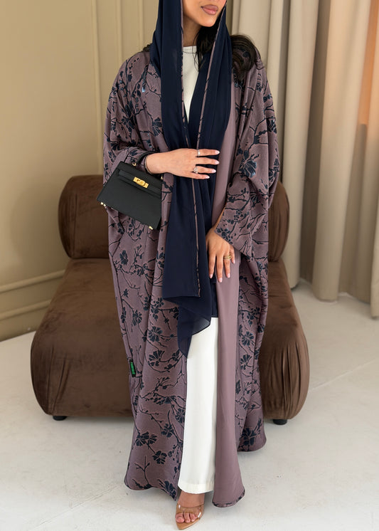 FAB284-Purple Floral Print Half Bisbt Abaya with pipping headscarf