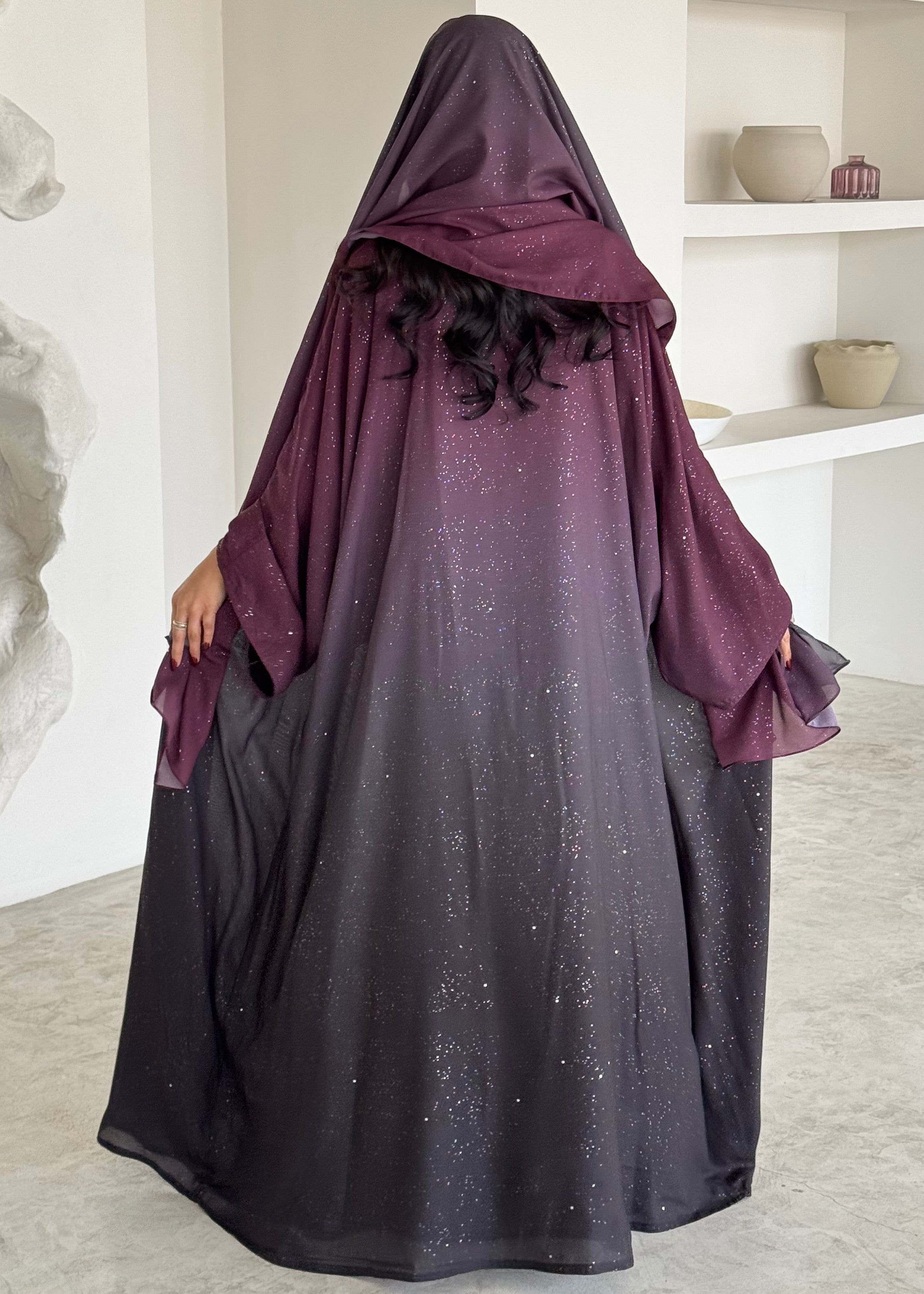 FAB162- Maroon Ombre Glitter Abaya with matching headscarf