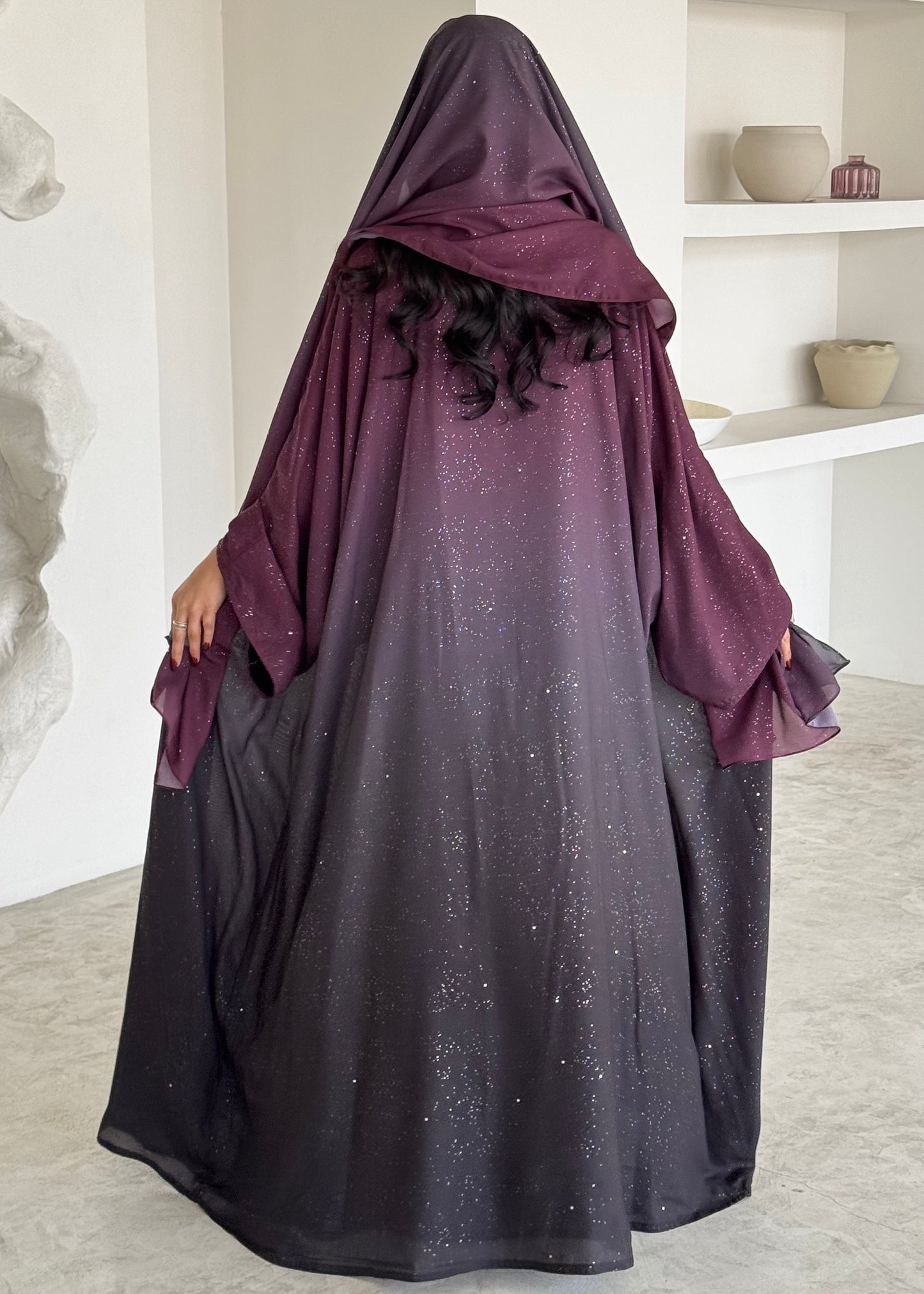 FAB162- Maroon Ombre Glitter Abaya with matching headscarf