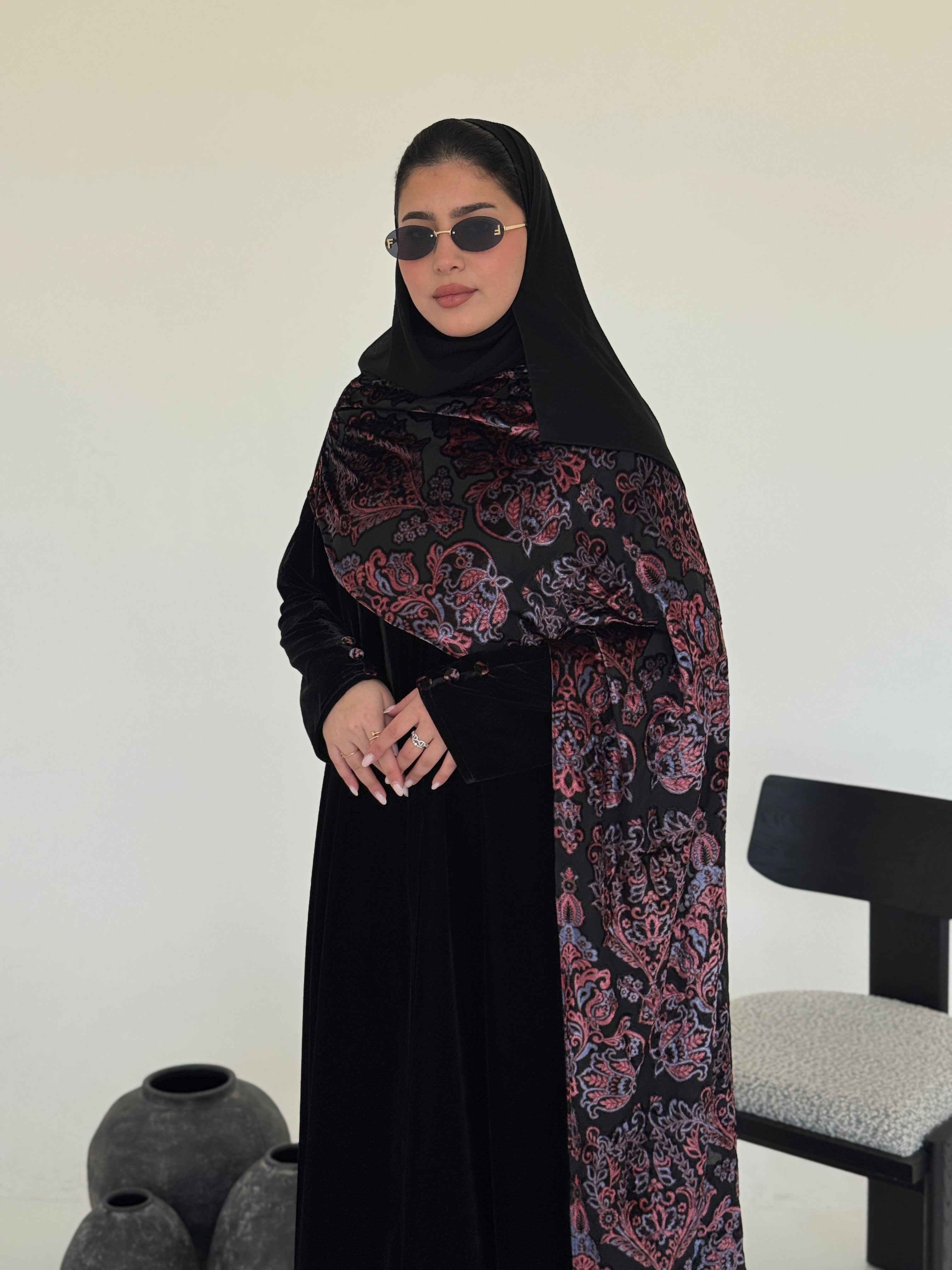 FAB229- Black Velvet Abaya with Maroon Velvet Chiffon Shawl with matching headscarf