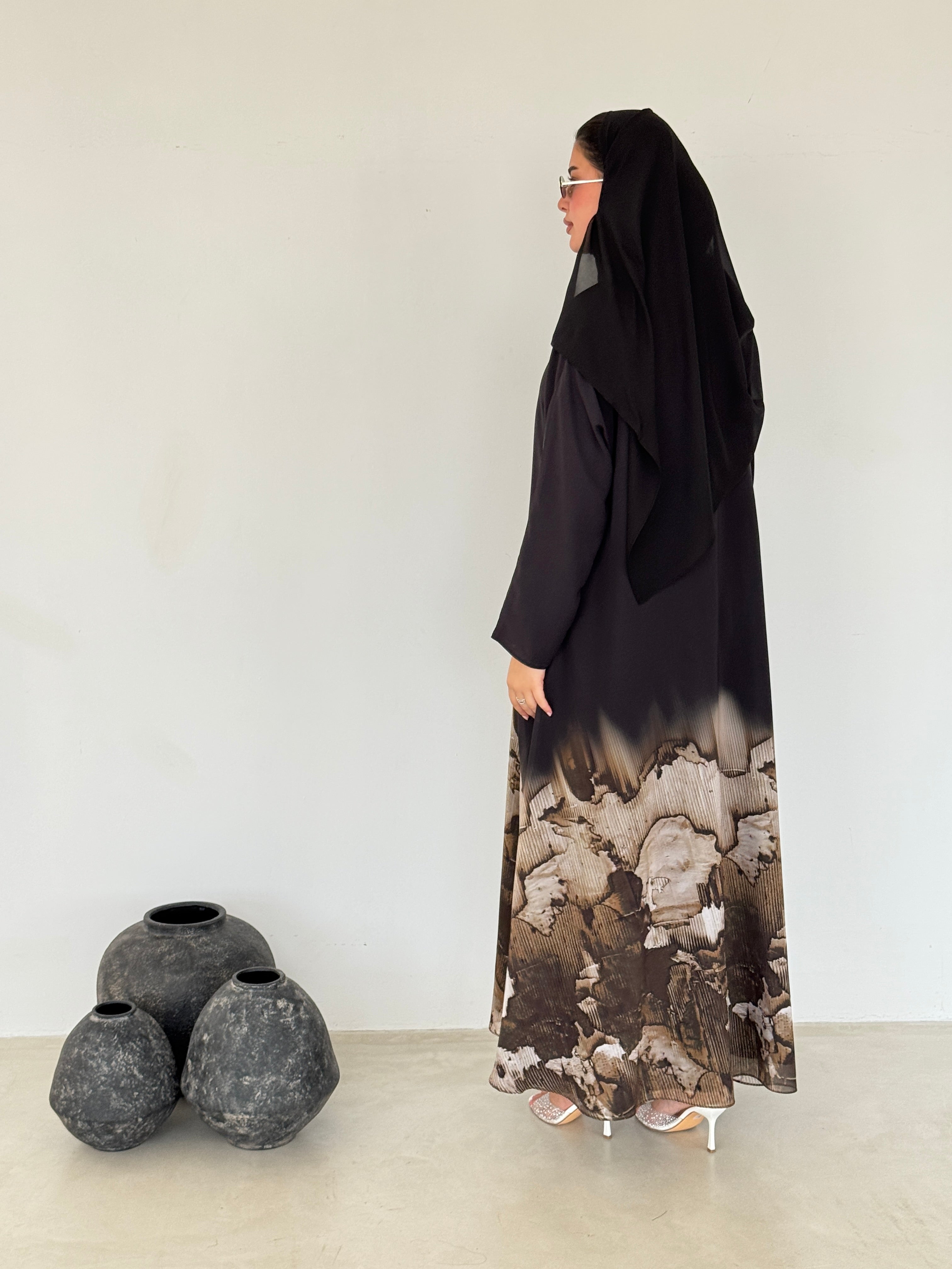 FAB213- Beige Ombre Waves print Shiffon A-cut Abaya with headscarf