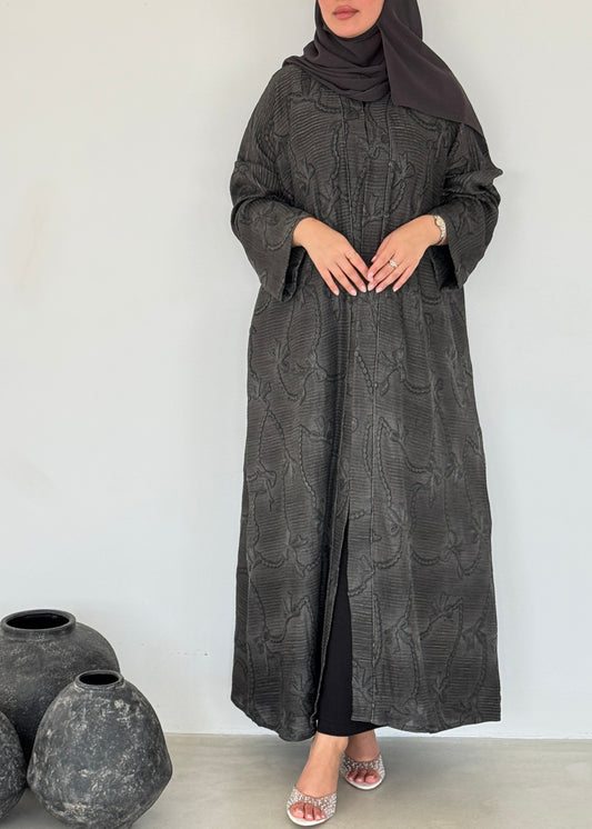 FAB220-Black Grey Ribbon Embroidery Linen Abaya with headscarf