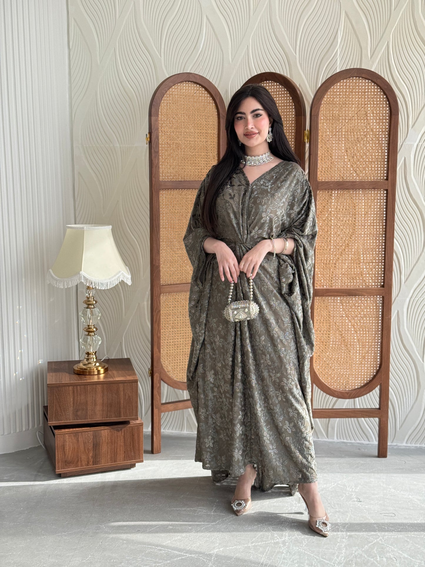 FAB259- Bronze Olive wrap jalabiya with velvet floral shimmer