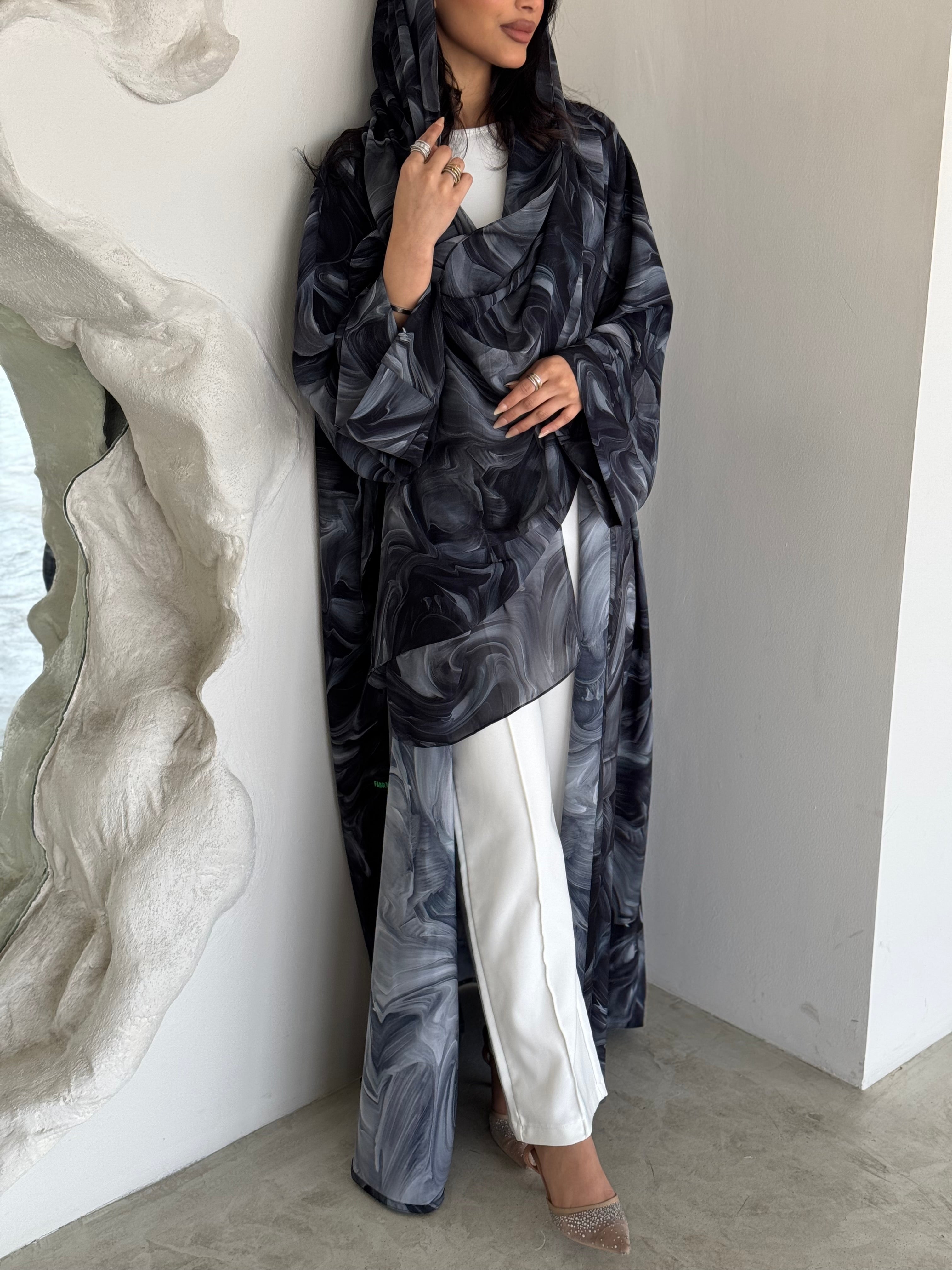 FAB173- Blue Grey Pattern Crepe Summer Abaya with matching headscarf
