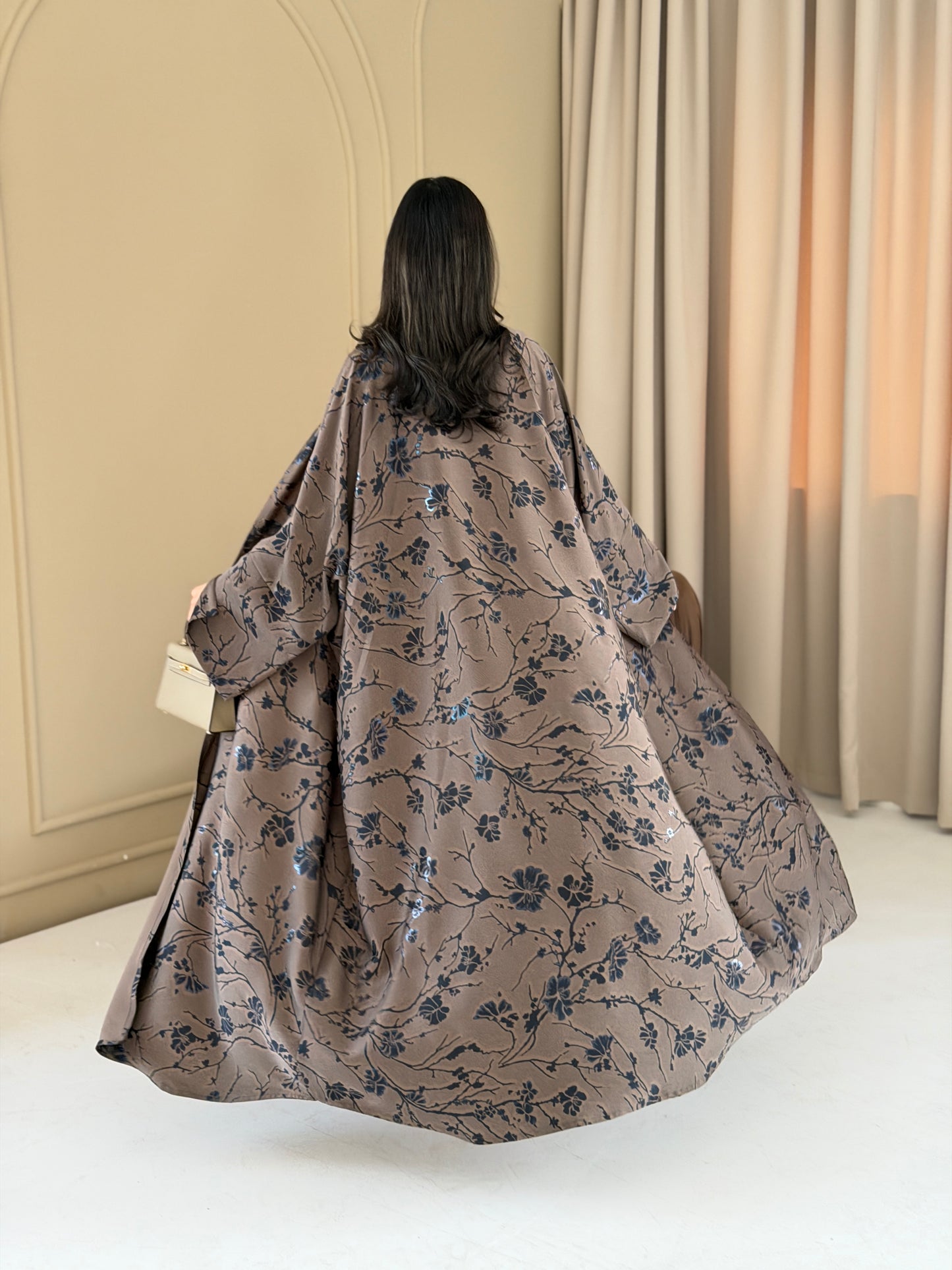 FAB283-Brown Floral Print Half Bisbt Abaya with pipping headscarf