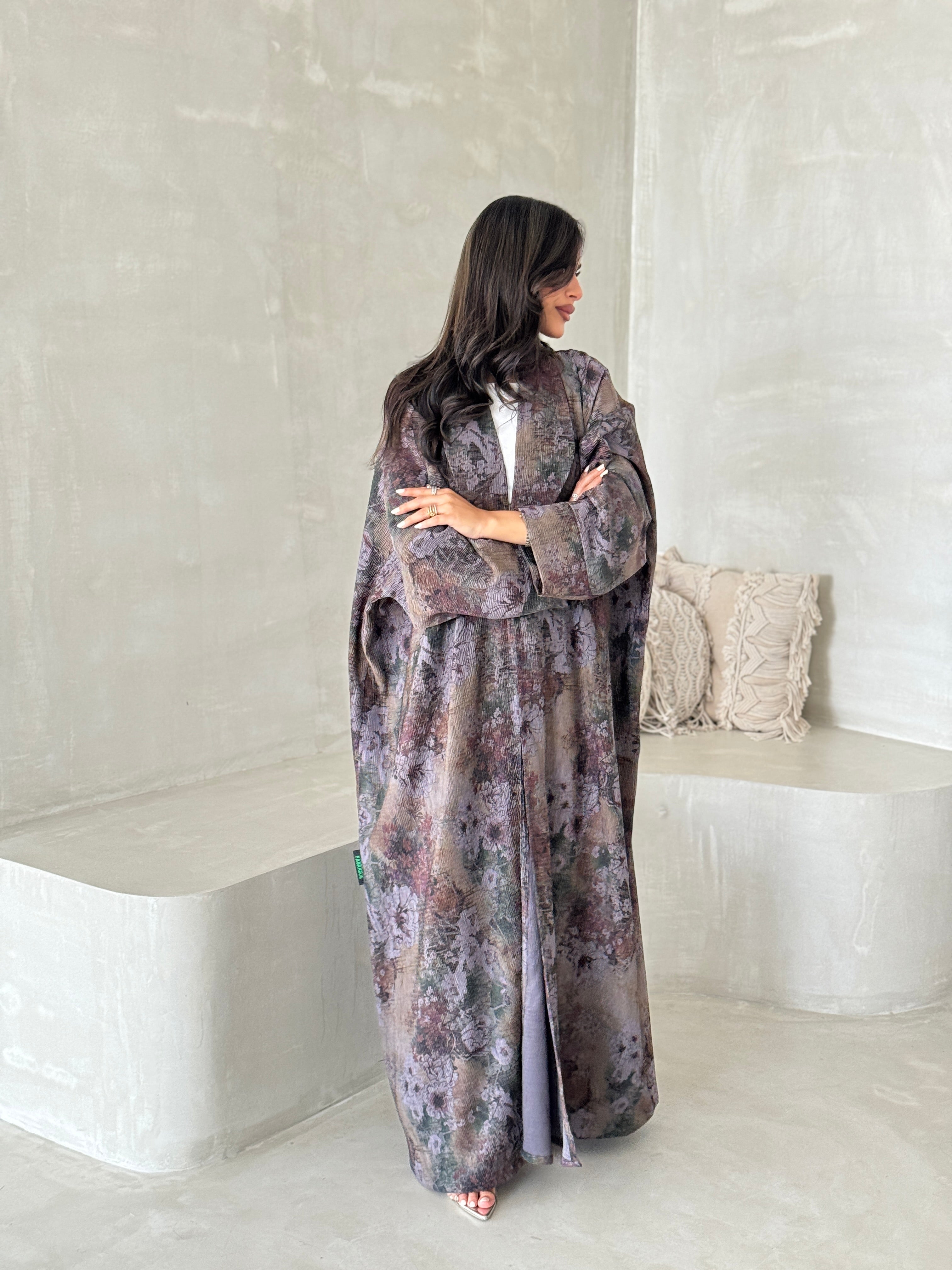 FAB201-Olive Green Grey Pleats Half-Bisht Summer Abaya with matching headscarf