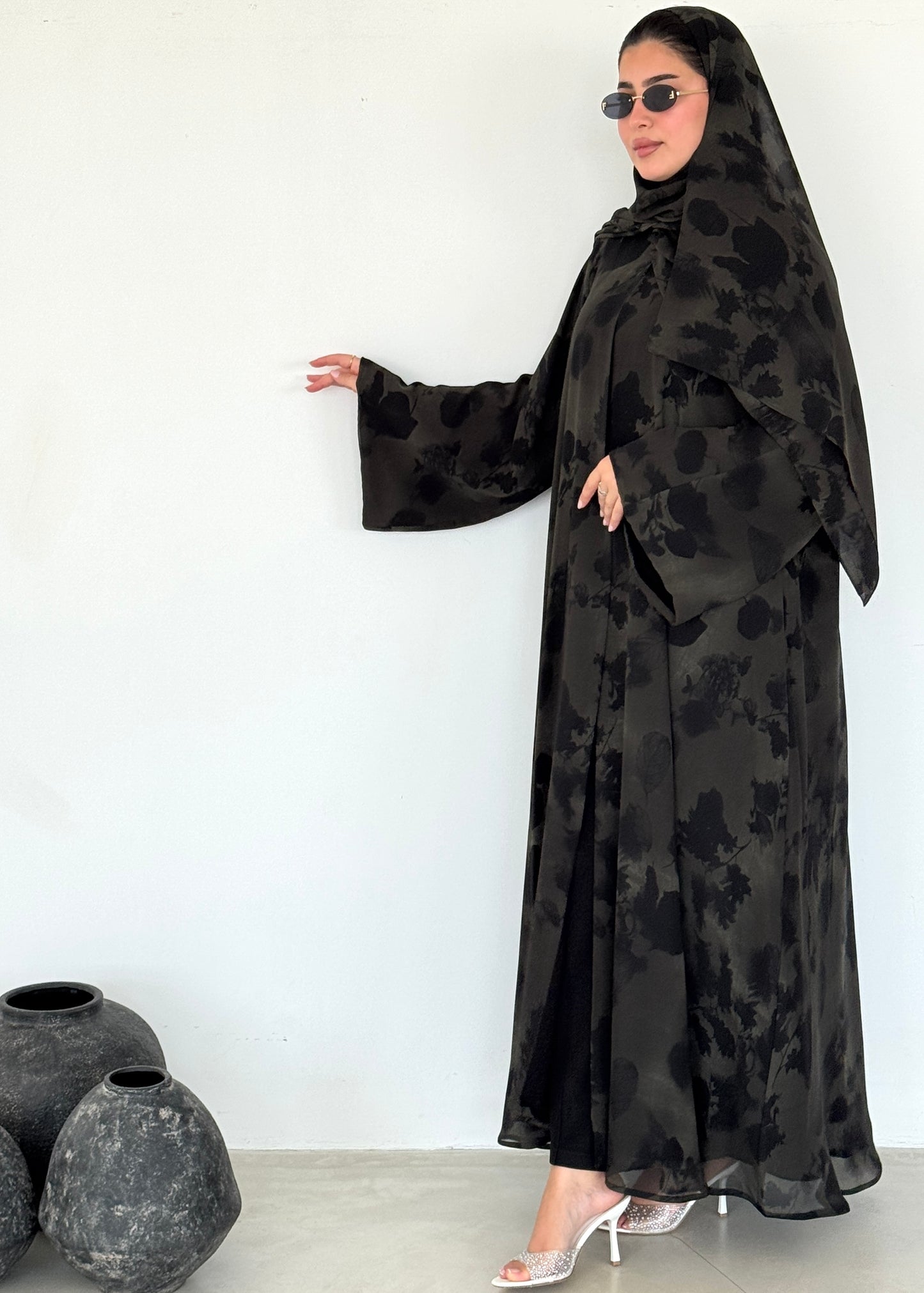 FAB215- Green Printed A-Cut Shiffon Abaya Set