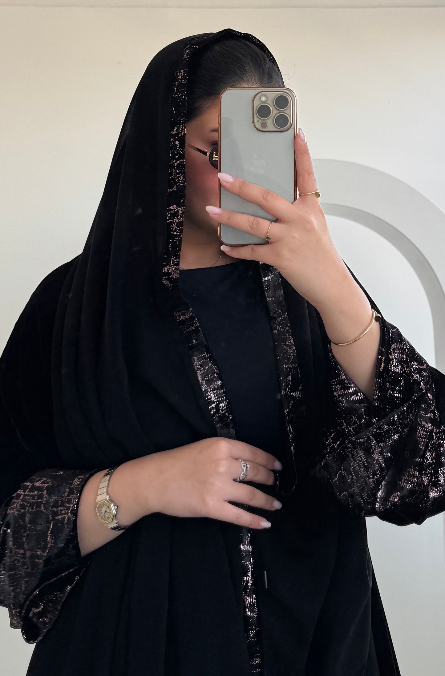 FAB245-Rose Metallic Black Velvet Abaya with Metallic pipping headscarf