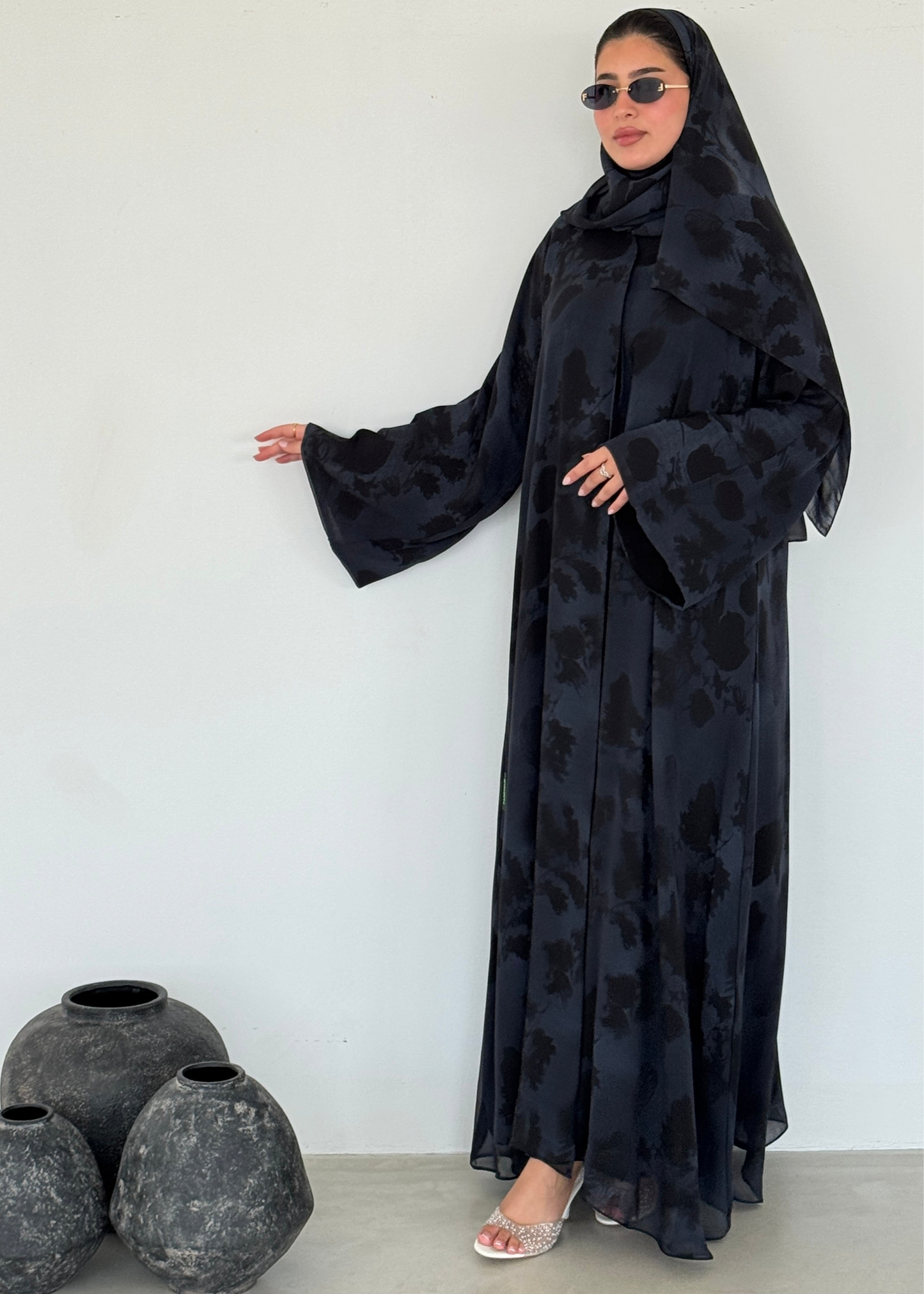 FAB216- Blue Printed A-Cut Shiffon Abaya Set