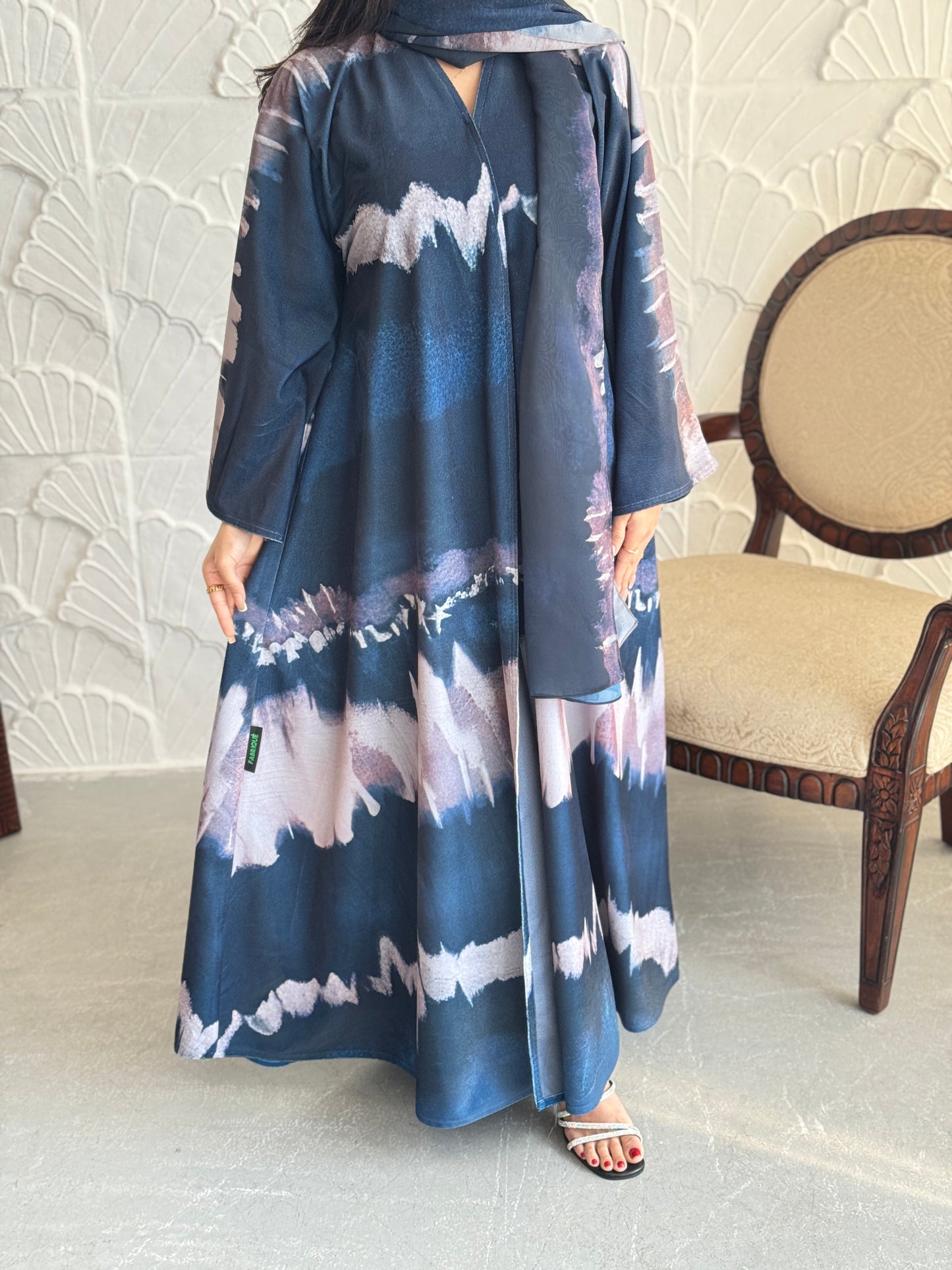 FAB239- Blue Patterned Printed Velvet A-Cut Abaya Set