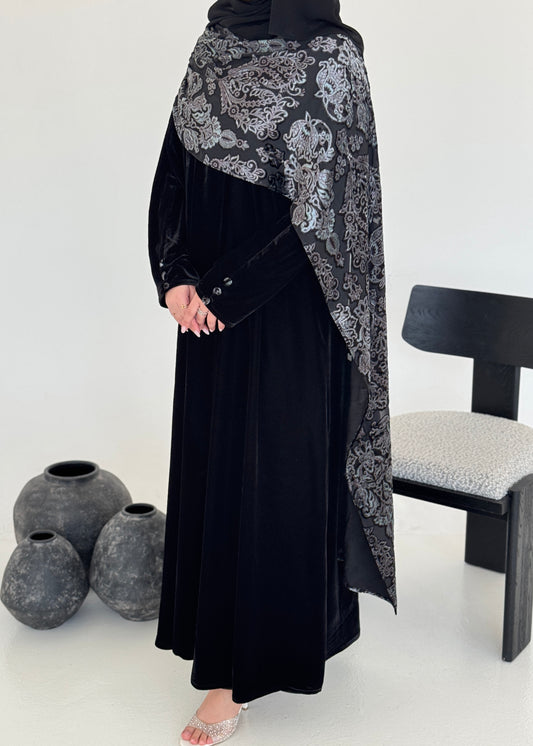 FAB230- Black Velvet Abaya with Grey Velvet Chiffon Shawl with matching headscarf