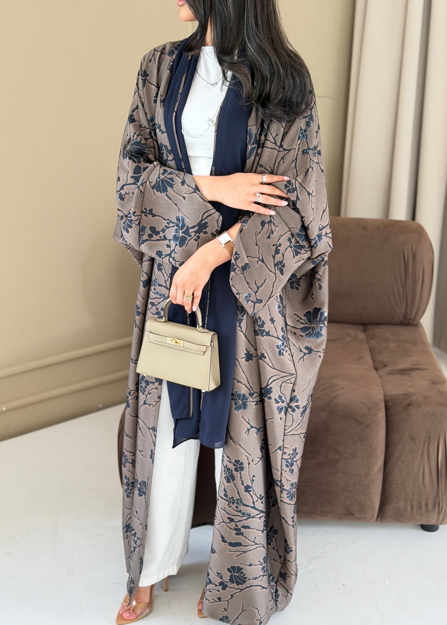 FAB283-Brown Floral Print Half Bisbt Abaya with pipping headscarf