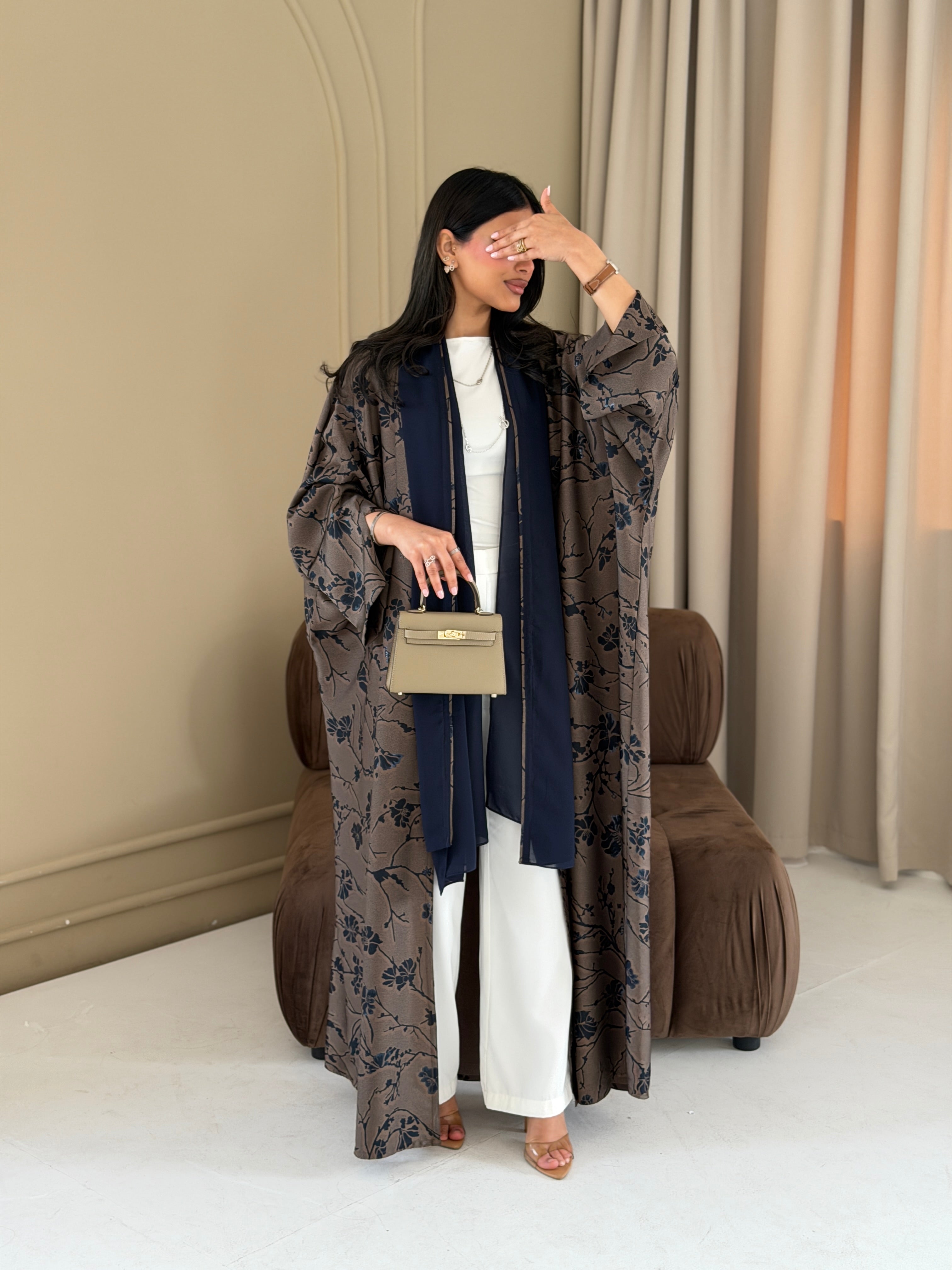 FAB283-Brown Floral Print Half Bisbt Abaya with pipping headscarf