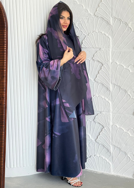 FAB243-Purple Patterned Printed Velvet A-Cut Abaya Set