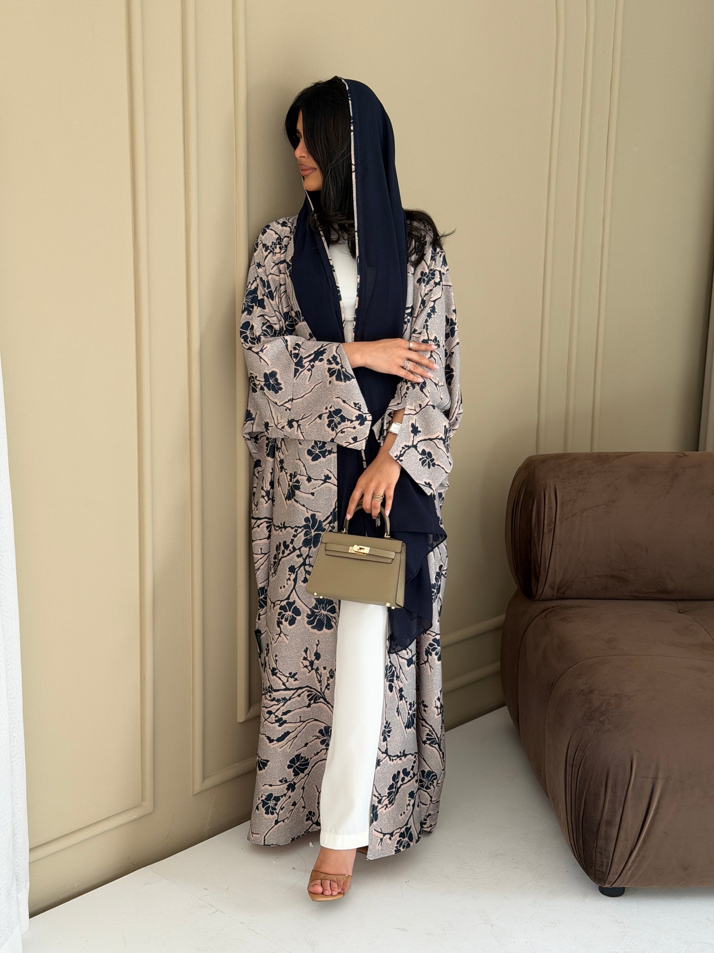 FAB285- Beige Floral Print Half Bisbt Abaya with pipping headscarf